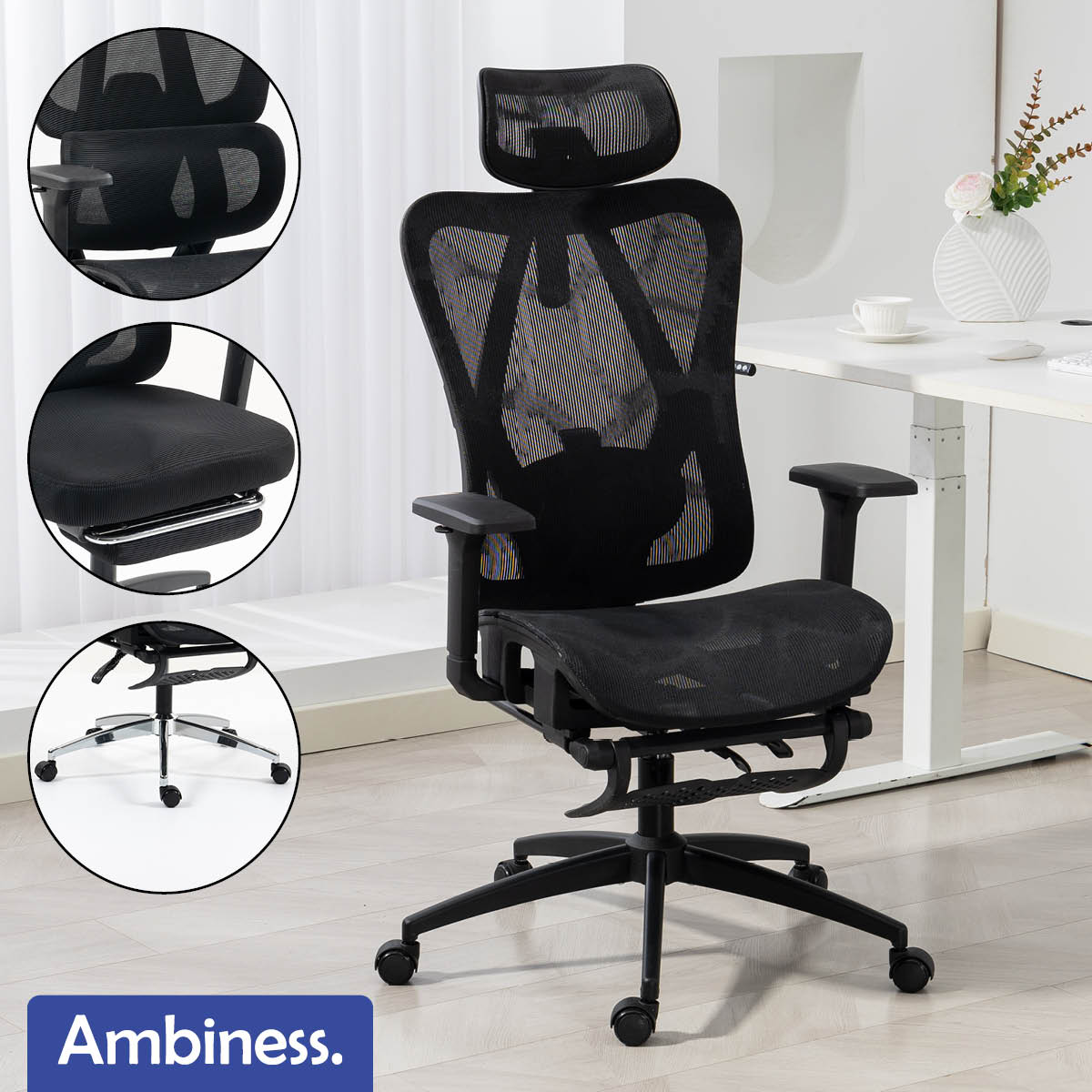 Schwarzer Bürostuhl mit atmungsaktivem Mesh, verstellbarer Kopfstütze und Armlehnen, Fußstütze und Rollenbasis.