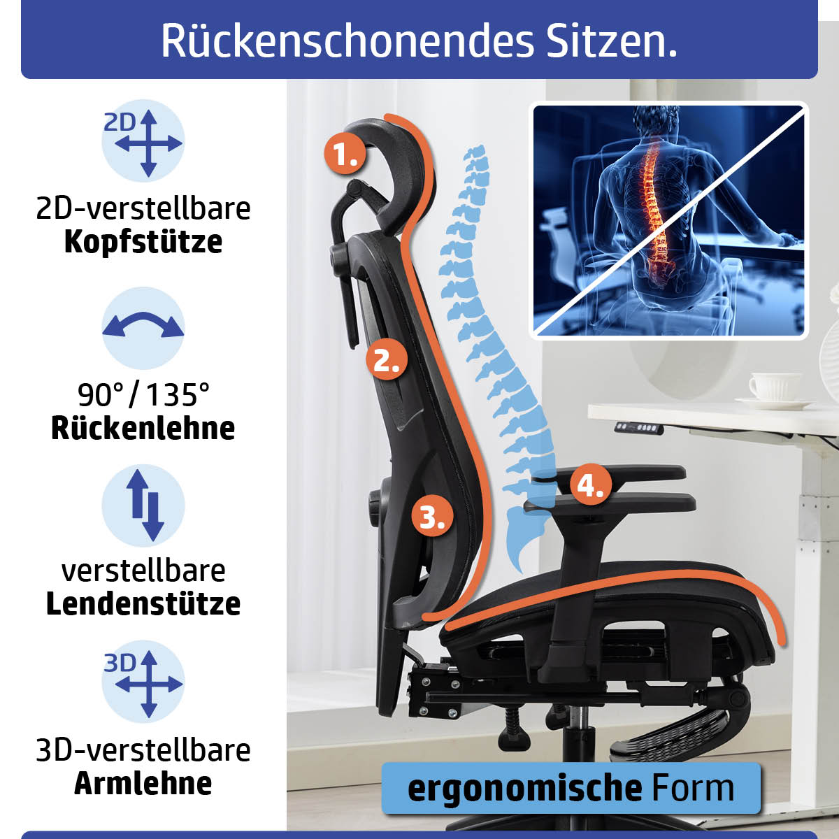 Schwarzer Ambiness Bürostuhl mit 2D-Kopfstütze, verstellbarer Rückenlehne und 3D-Lendenstütze, ergonomisches Design.