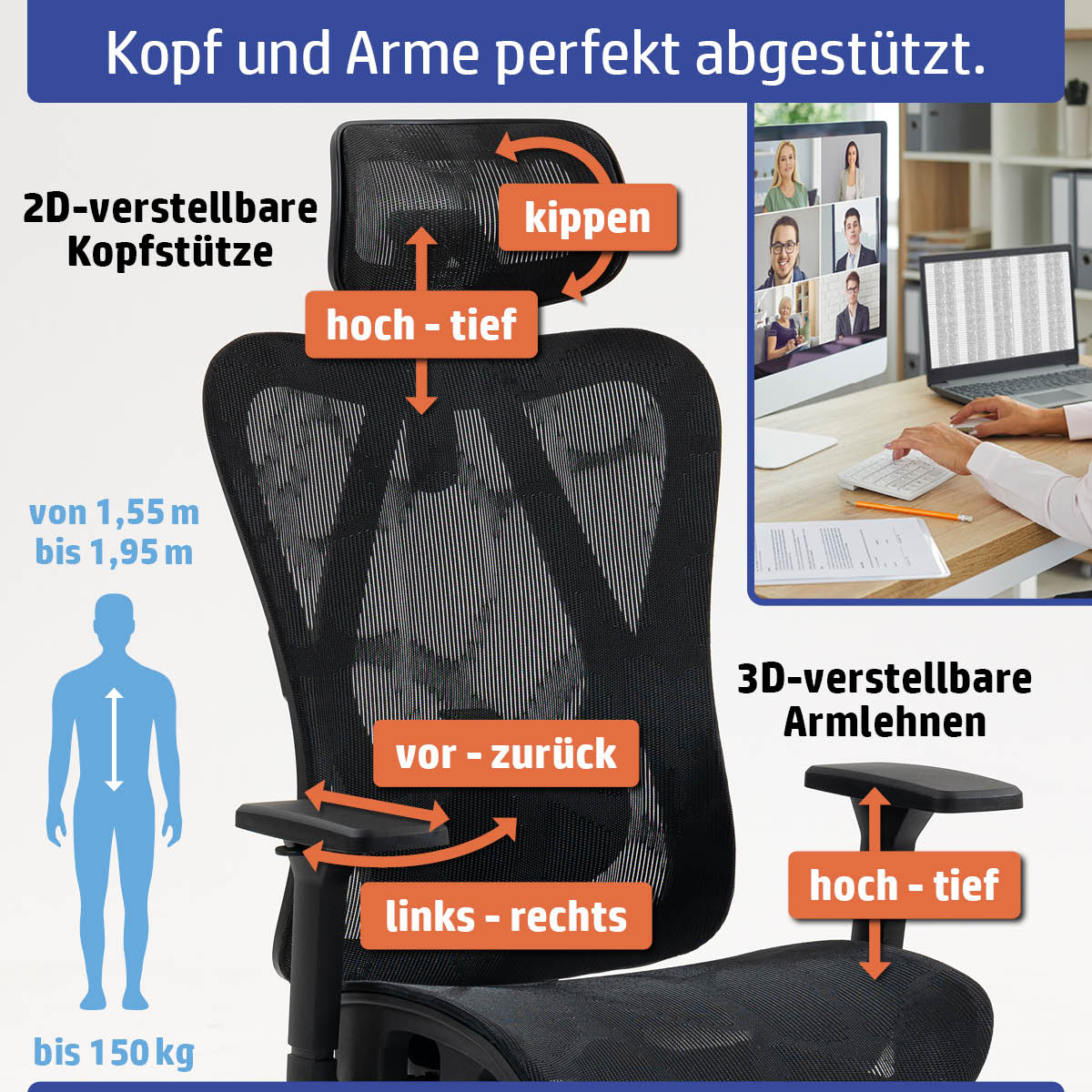 Schwarzer Ambiness Bürostuhl BackPro mit atmungsaktivem Mesh, verstellbarer Kopfstütze und 3D-Armlehnen.