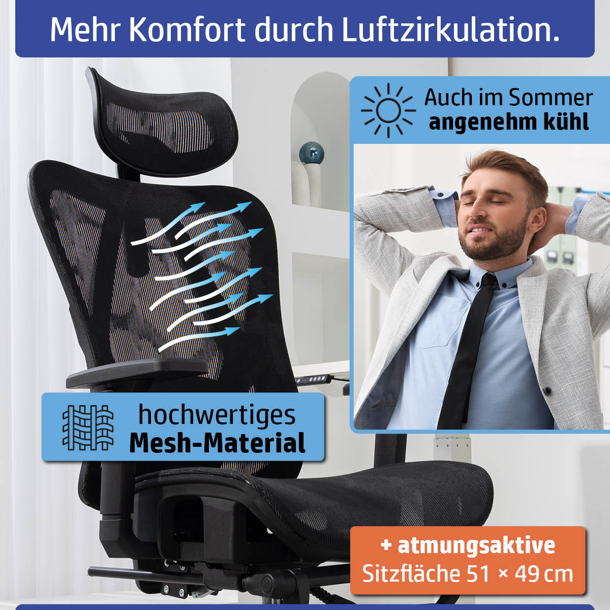 Schwarzer Ambiness Bürostuhl mit atmungsaktivem Mesh-Material und ergonomischer Lordosenstütze.