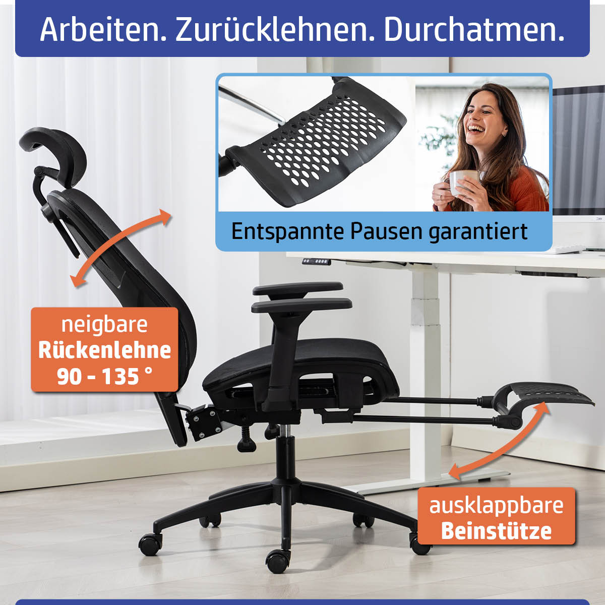 Schwarzer Bürostuhl mit Mesh-Rückenlehne, neigbar 90-135°, ausklappbarer Beinstütze, ergonomisch.
