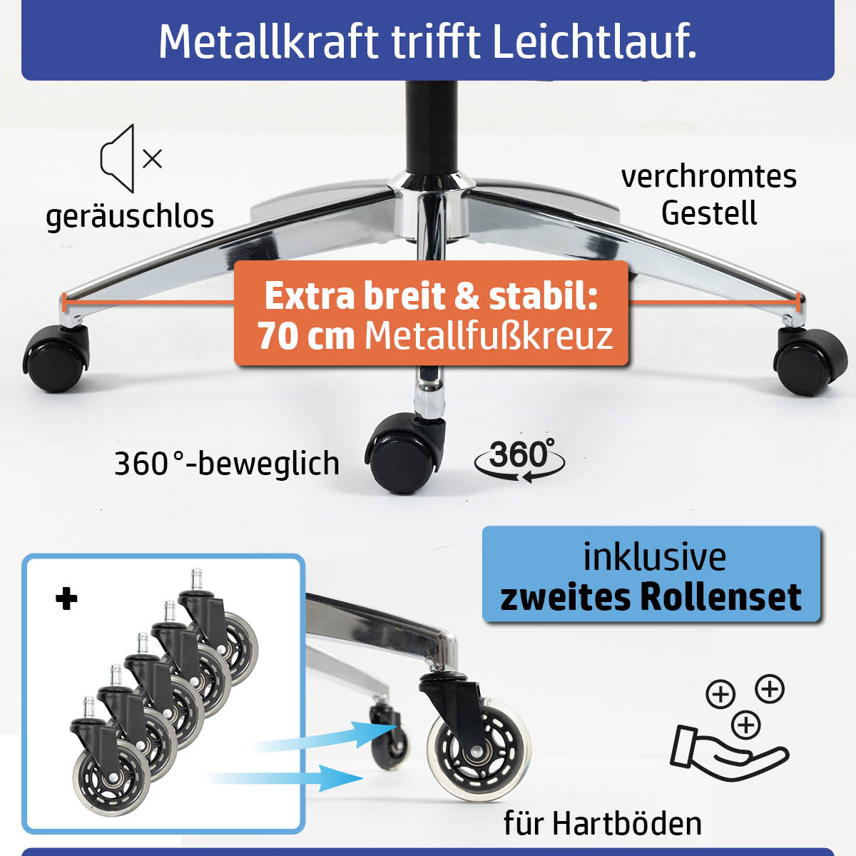 Chromgestell Bürostuhl mit extra breitem 70 cm Metallfußkreuz und zwei Rollen für Hartböden.