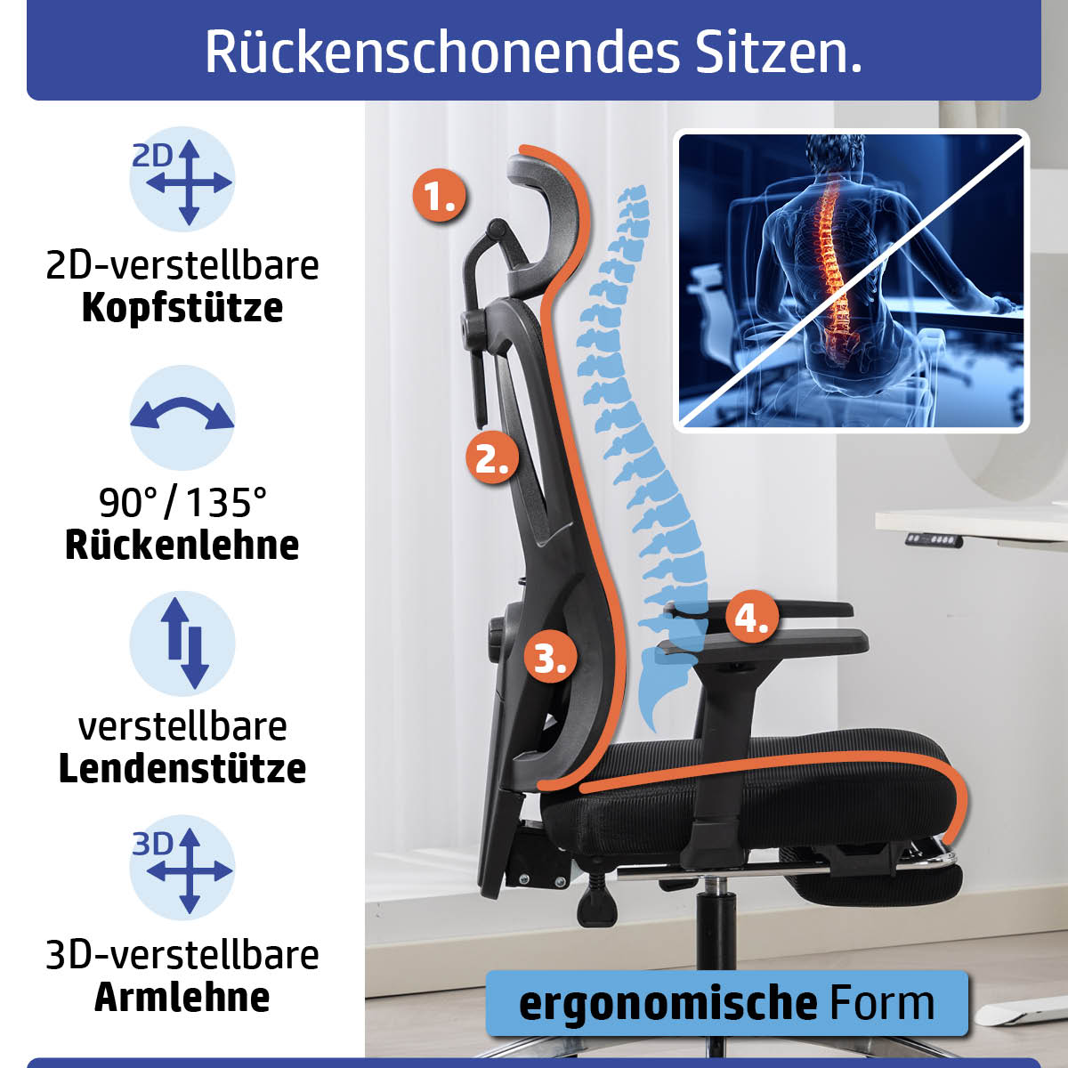 Schwarzer Ambiness Bürostuhl BackPro mit Chromrahmen, ergonomische Form und verstellbaren Kopfstütze, Lendenstütze und.