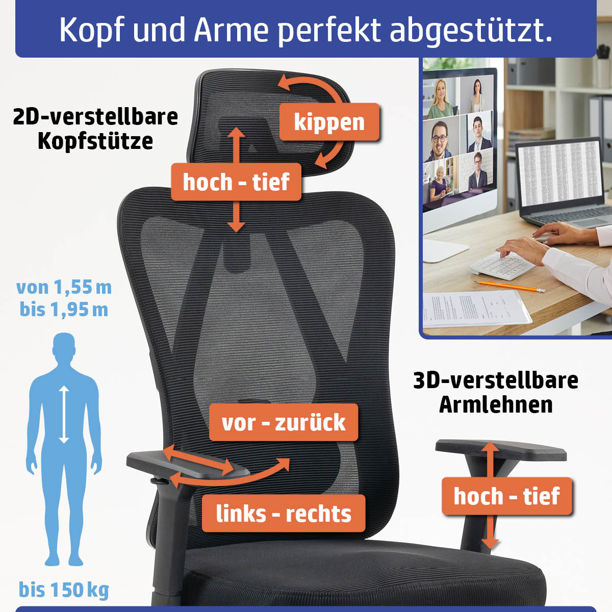 Schwarzer Ambiness Bürostuhl BackPro mit Netzrücken, verstellbarer Kopfstütze und 3D-Armlehnen.