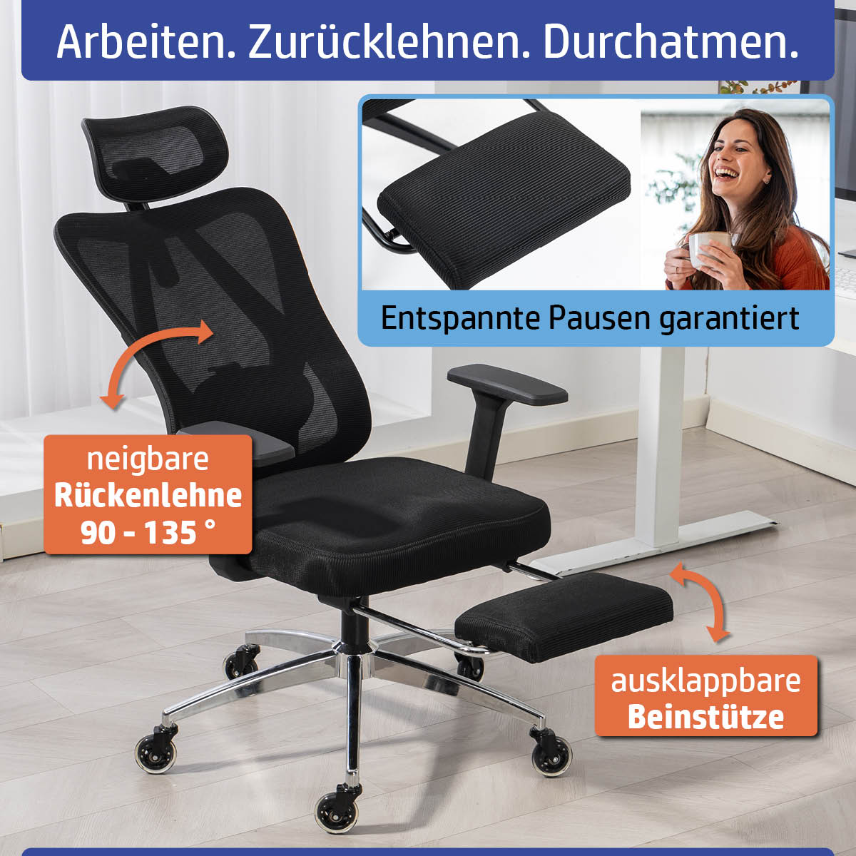 Schwarzer Ambiness Bürostuhl BackPro mit atmungsaktivem Netzrücken, verstellbarer Kopfstütze, gepolsterter Sitzfläche,.