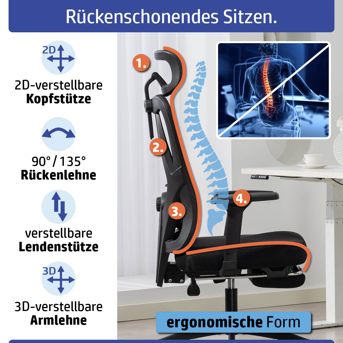 Schwarzer Ambiness Bürostuhl Master FX Mesh mit ergonomischer Rückenlehne, 2D-Kopfstütze und verstellbarer Lordosenstütze.