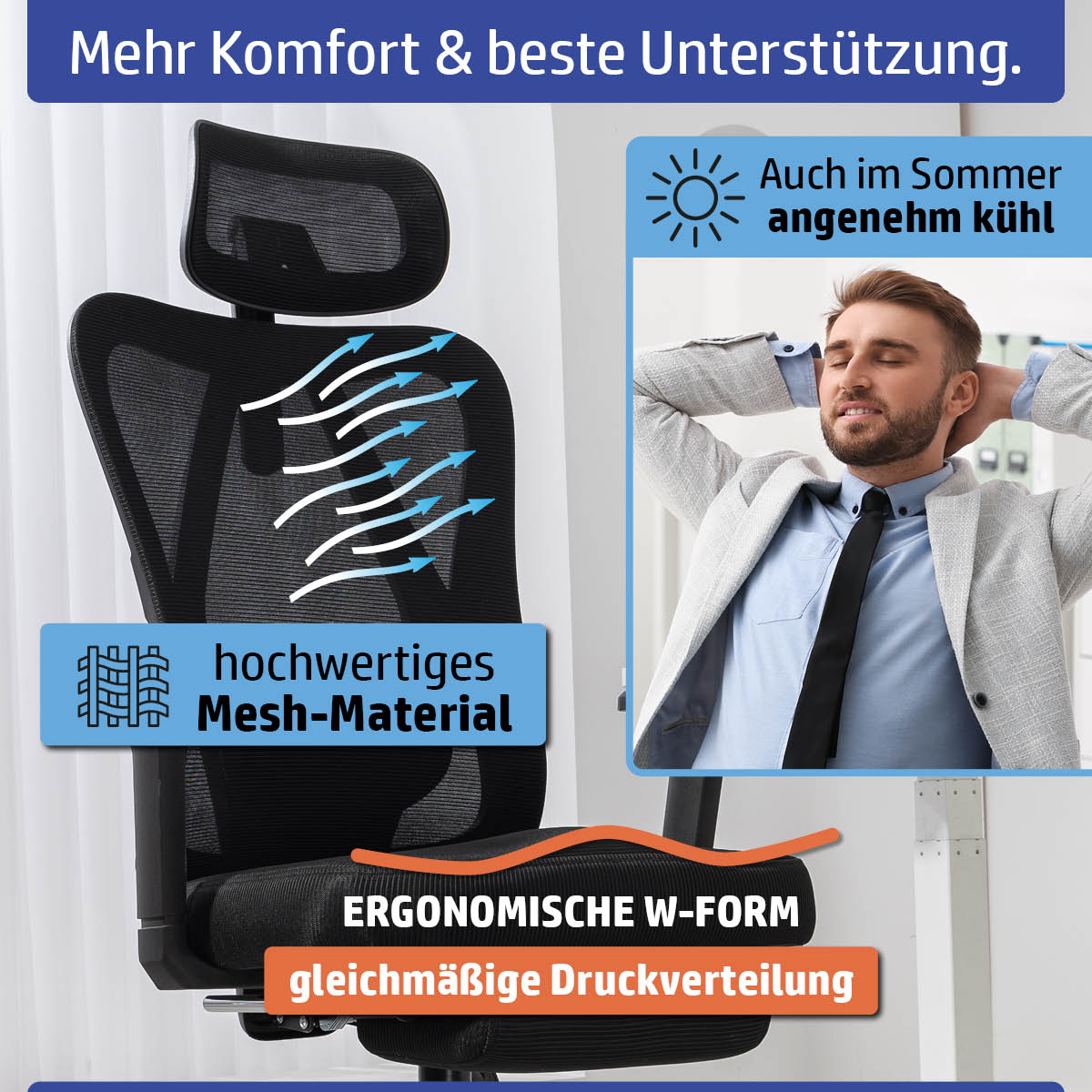 Schwarzer Bürostuhl mit Kopfstütze, ergonomische W-Form, atmungsaktives Mesh-Material, verchromte Armlehnen.