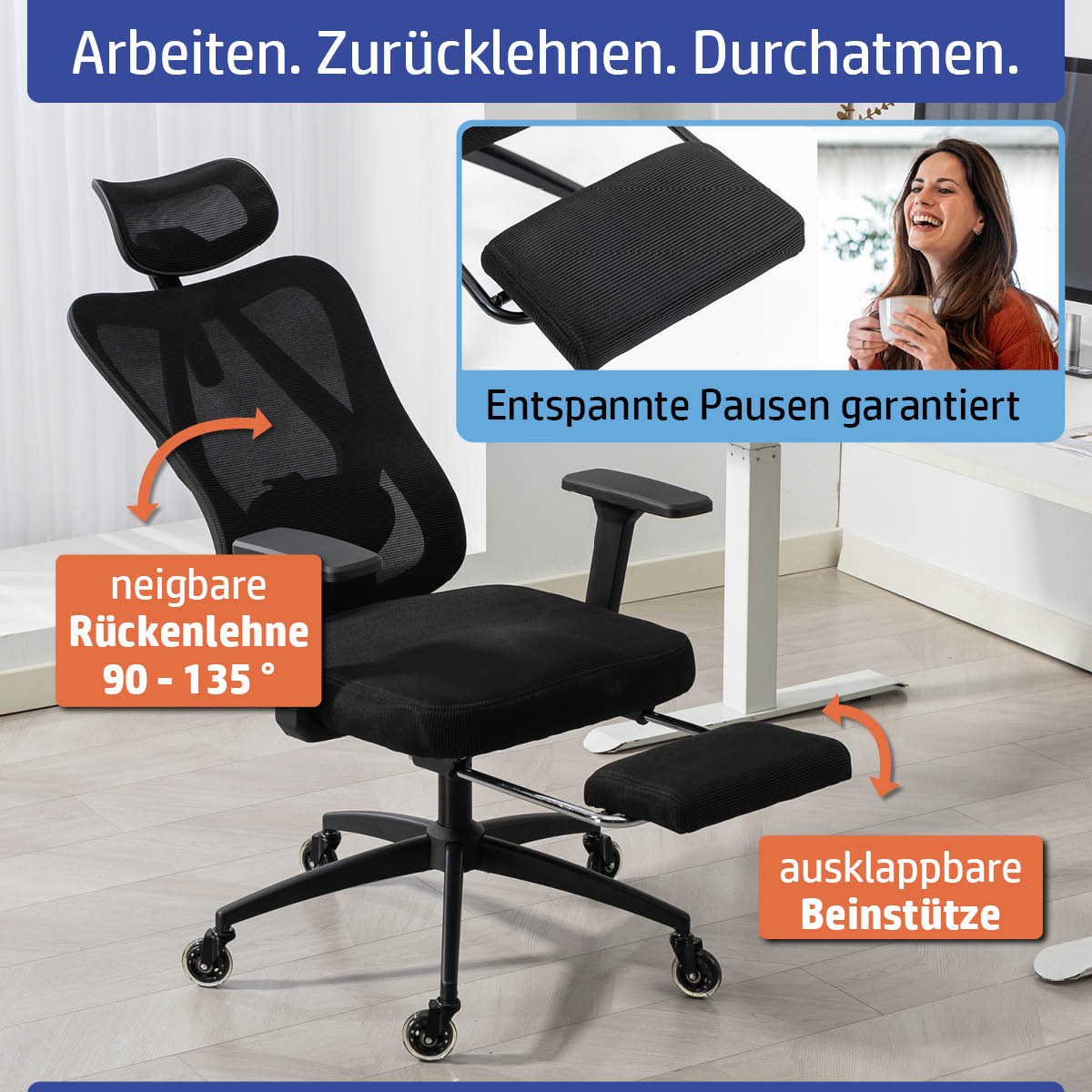 Schwarzer Bürostuhl mit atmungsaktivem Netzrücken, verstellbarer Rückenlehne und ausklappbarer Beinstütze.