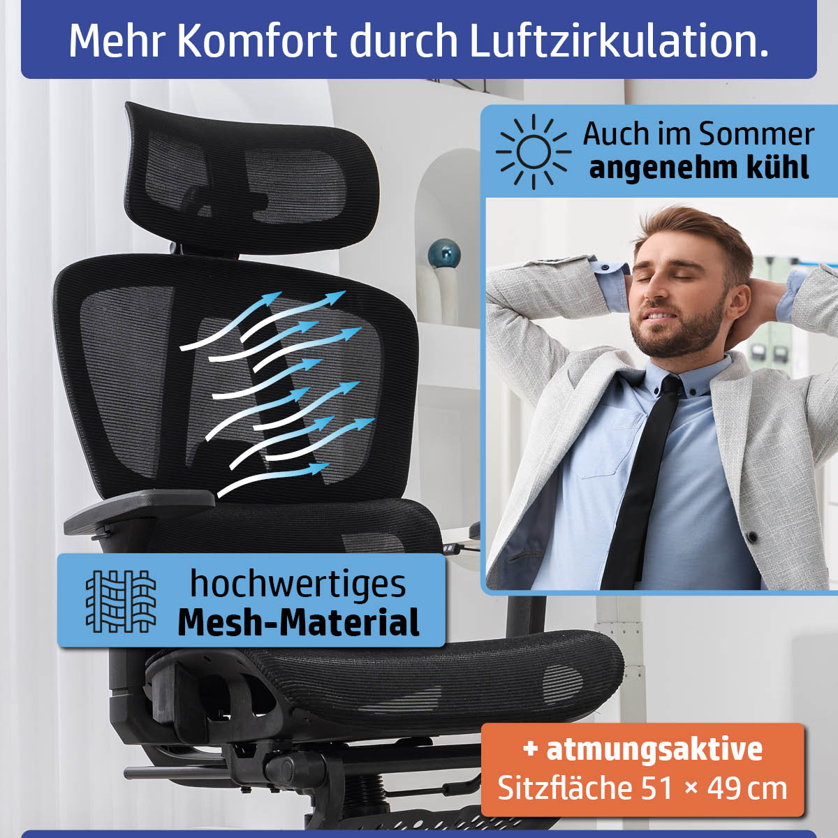 Schwarzer Bürostuhl mit ergonomischer Netzrückenlehne und atmungsaktivem Sitzpolster.
