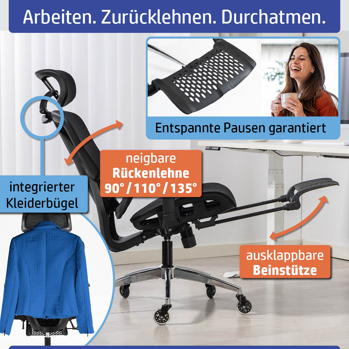 Schwarzer Bürostuhl mit atmungsaktivem Mesh, neigbarer Rückenlehne und ausklappbarer Beinstütze, chromfarbener Fußring.