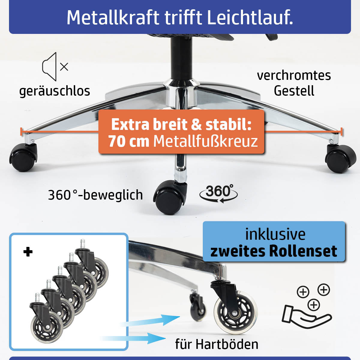 Bürostuhl mit verchromtem Gestell, extra breitem 70 cm Metallfußkreuz, geräuschlosen Rollen, 360°-beweglich, zweites.