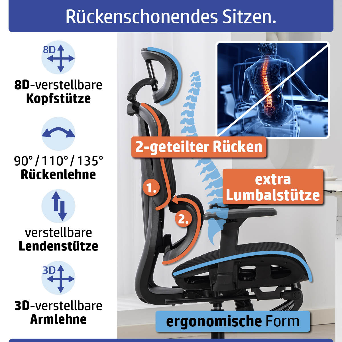Schwarzer Ambiness Bürostuhl Master FX Mesh mit verstellbarer Kopfstütze, zweiteiligem Rücken, extra Lumbalstütze und.