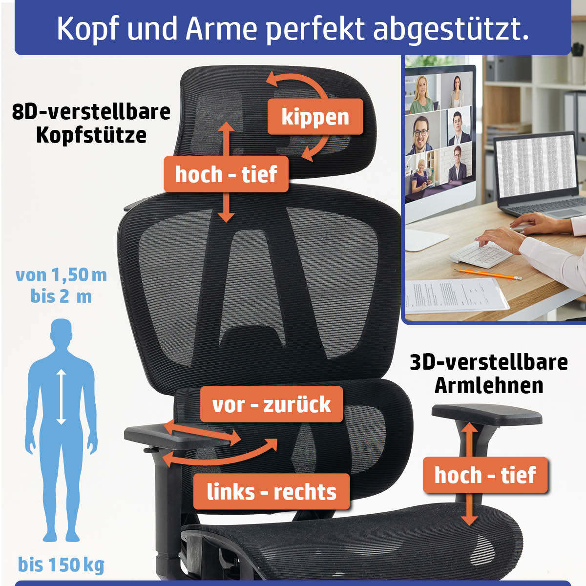 Schwarzer Ambiness Bürostuhl mit Mesh-Rückenlehne, verstellbarer Kopfstütze und 3D-Armlehnen, verchromte Basis.