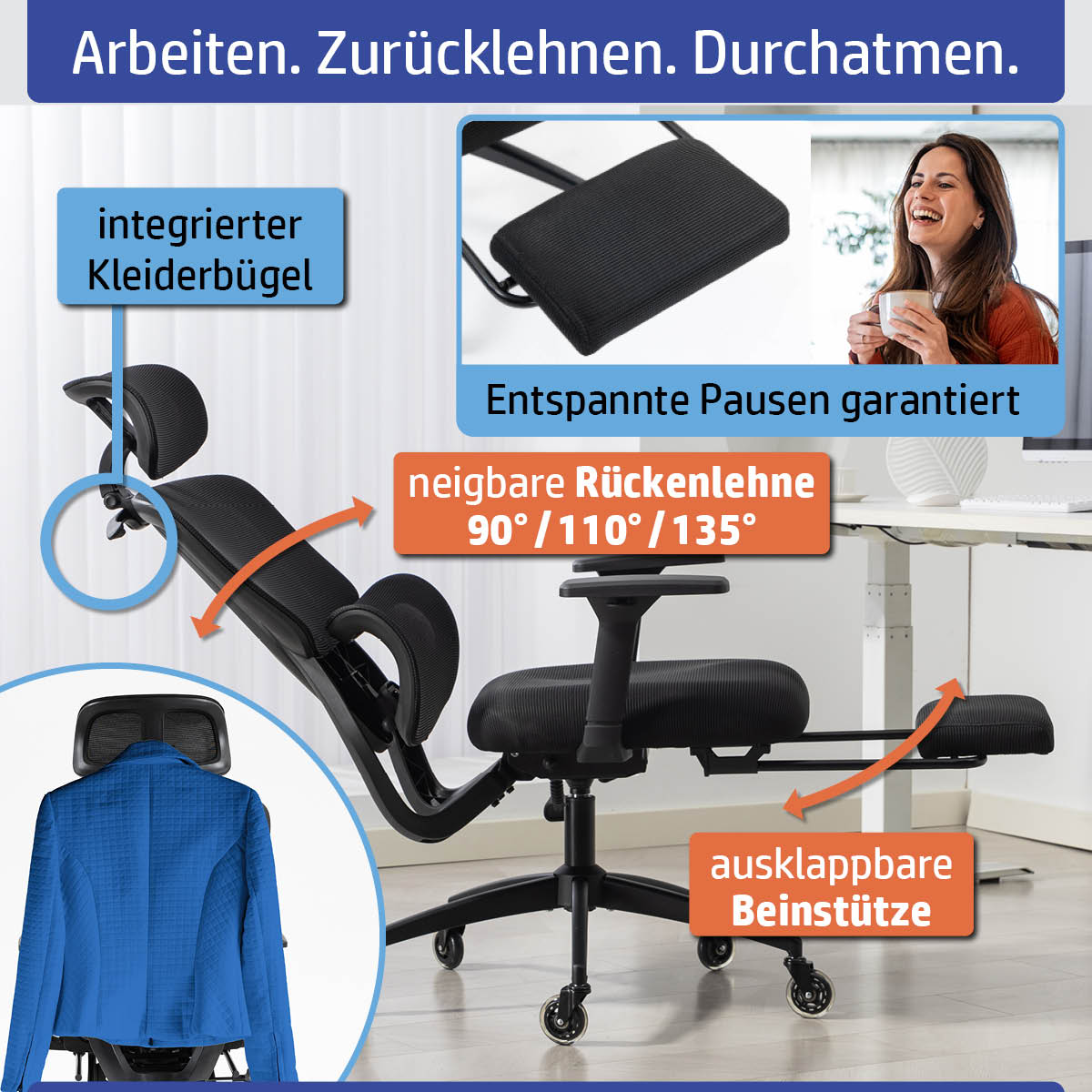 Schwarzer Ambiness Bürostuhl mit gepolsterter Rückenlehne, ausklappbarer Beinstütze und integriertem Kleiderbügel.