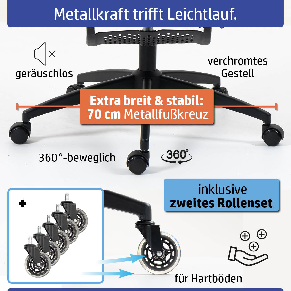 Schwarzer Bürostuhl mit gepolstertem Sitz, verchromtem Metallgestell und extra breitem 70 cm Fußkreuz mit zwei Rollensets,.