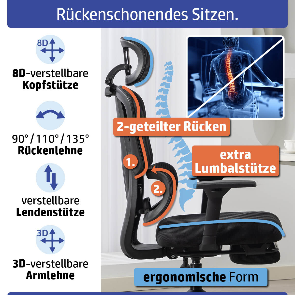 Schwarzer Ambiness Bürostuhl Master FX mit 2-geteiltem Rücken, verstellbarer Kopfstütze und Lendenstütze, ergonomisch geformt.