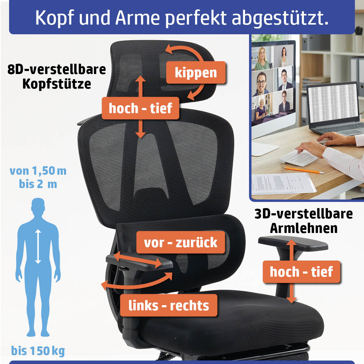 Schwarzer Ambiness Bürostuhl mit Netzrücken, gepolstertem Sitz, 8-fach verstellbarer Kopfstütze und 3D-Armlehnen.