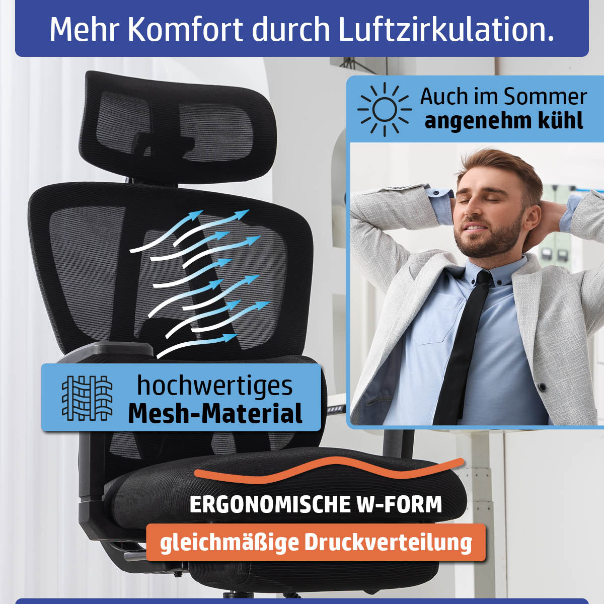 Schwarzer Ambiness Bürostuhl Master FX mit ergonomischer W-Form und atmungsaktivem Mesh-Rückenlehne.