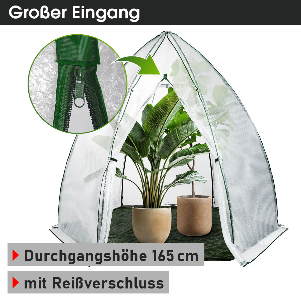 Überwinterungszelt mit großzügiger Durchgangshöhe von 165cm und praktischem Reißverschluss am Eingang