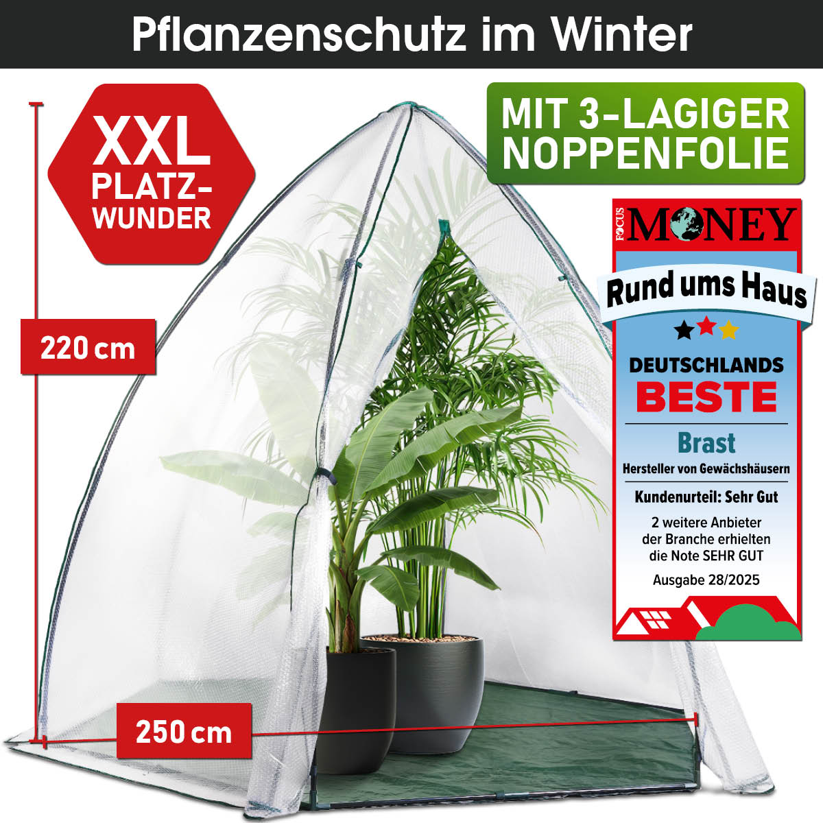 Von Focus Money ausgezeichnetes Pflanzzelt zur Überwinterung kälteempfindlicher Platzen