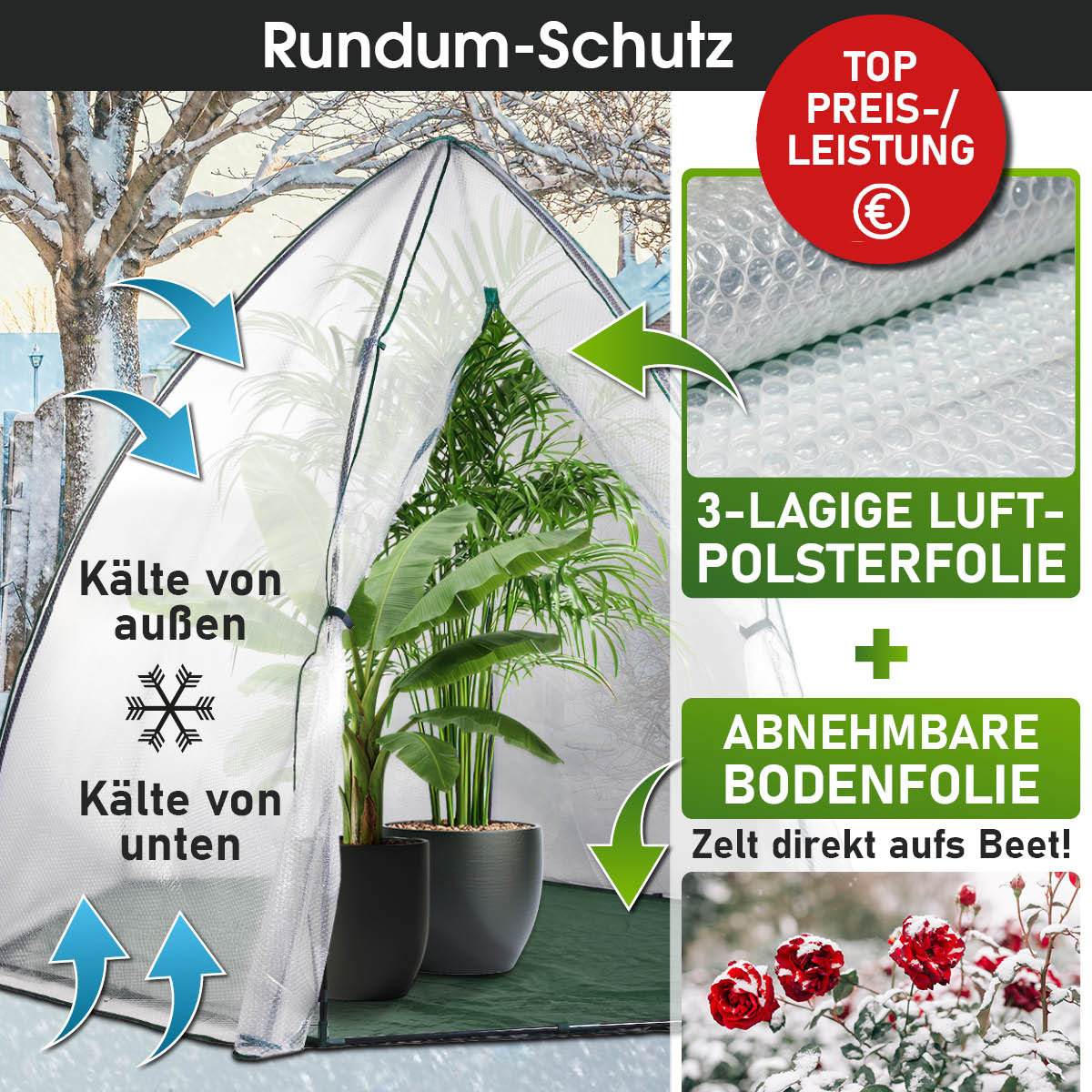 Pflanzzelt mit 3-lagiger Luftpolsterfolie und abnehmbarer Bodenfolie zum Aufstellen über Beeten