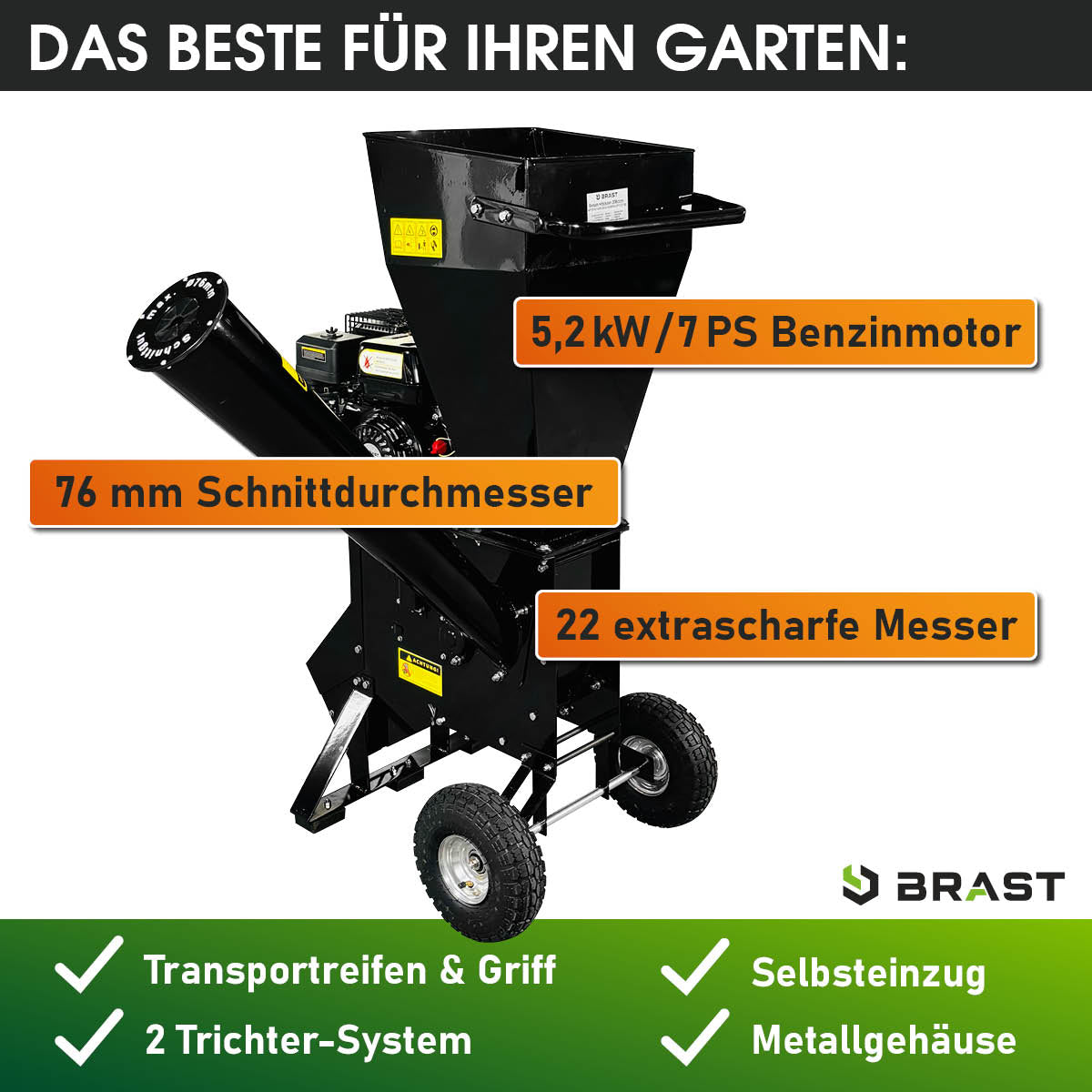 Häcksler mit 5,2 kW / 7 PS Benzinmotor, 76mm Schnittdurchmesser und 22 extrascharfen Messern