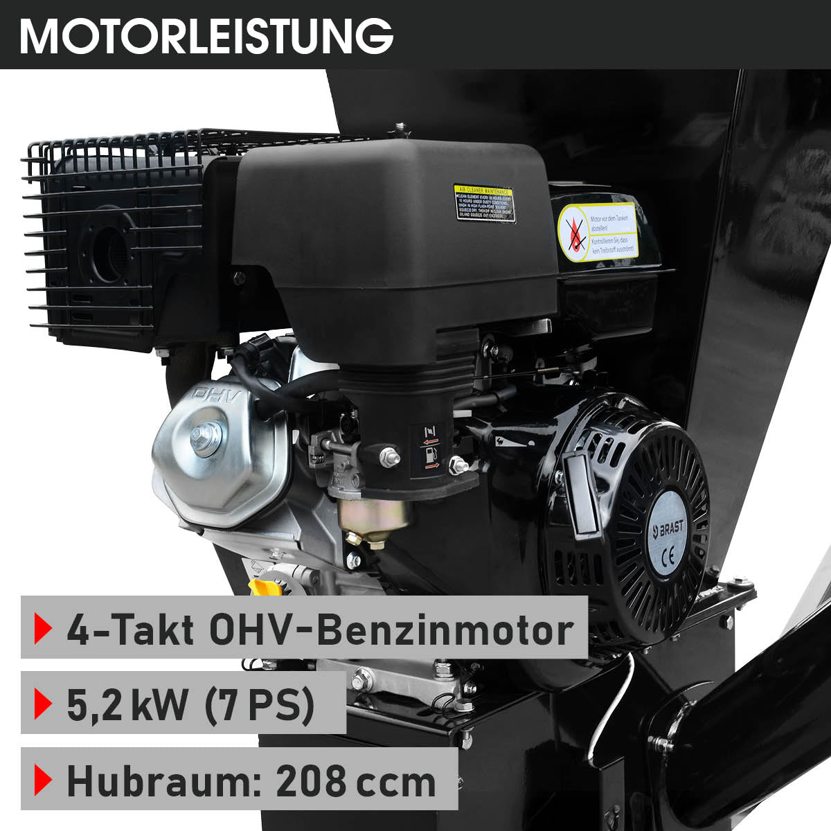 Motorleistung: 4-Takt OHV-Benzinmotor, 5,2 kW / 7 PS, Hubraum 208 ccm