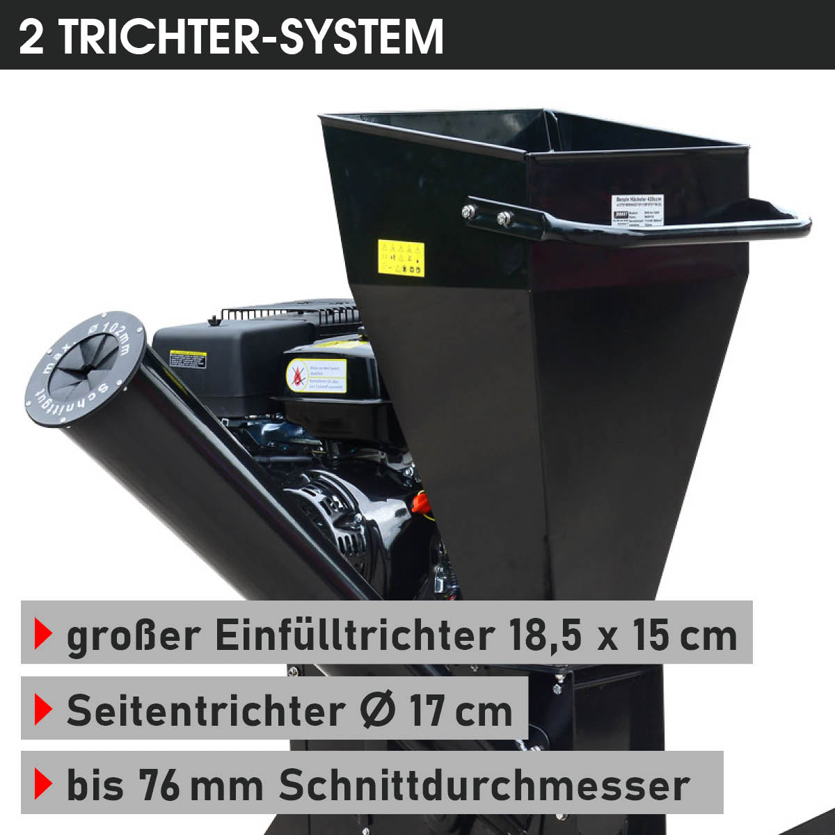 Großer Einfülltrichter mit 18,5 x 15 cm, Seiteneinfülltrichter mit ⌀17 cm und 76mm Schnittdurchmesser