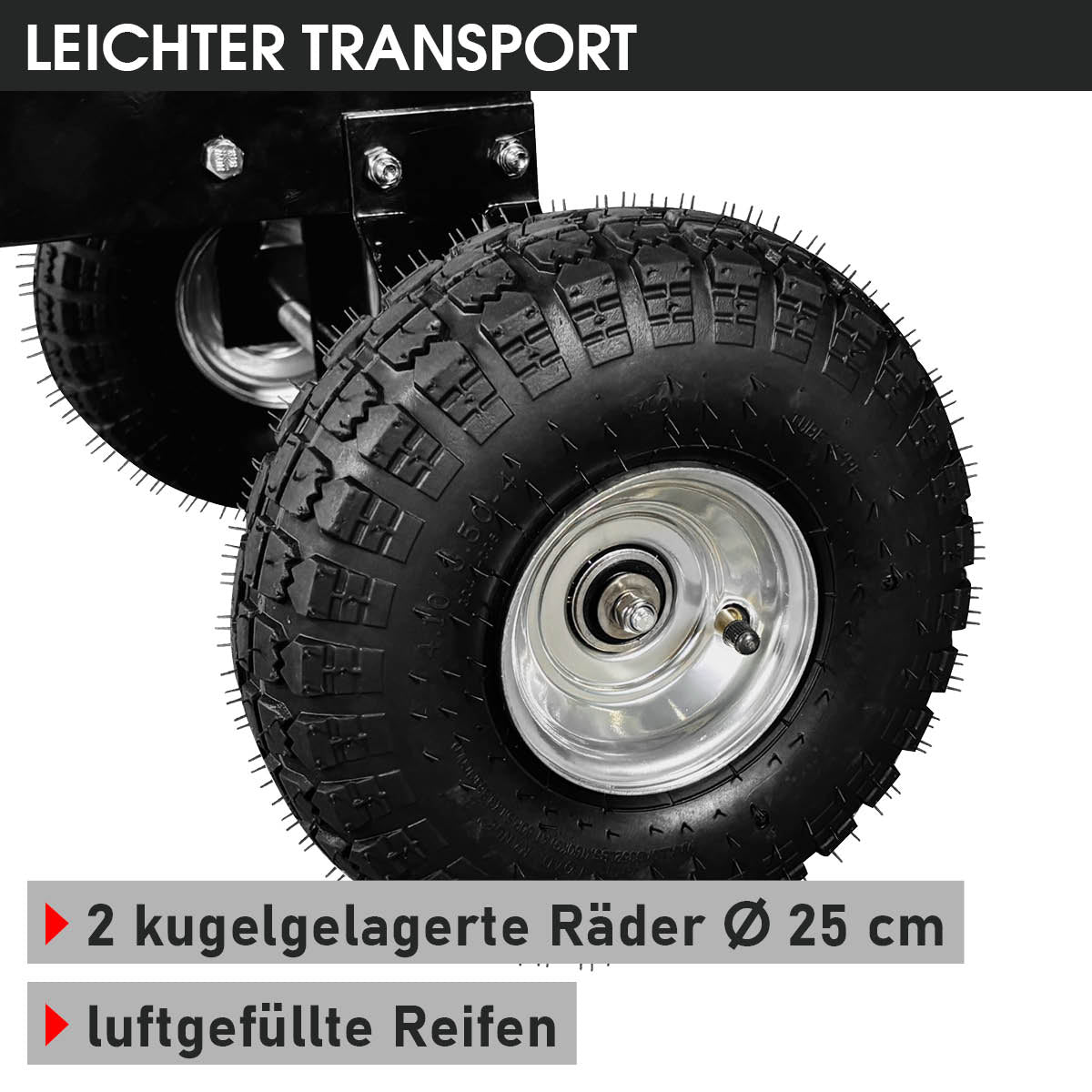 Häcksler mit 2 kugelgelagerten und luftgefüllten Reifen mit ⌀25 cm