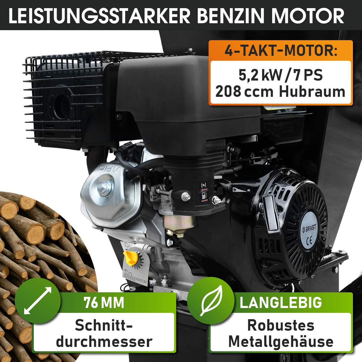 Benzin Häcksler mit leistungsstarkem Motor mit 5,2 kW / 7 PS und 208 ccm Hubraum, Schnittdurchmesser von 76mm und einem robustem Metallgehäuse