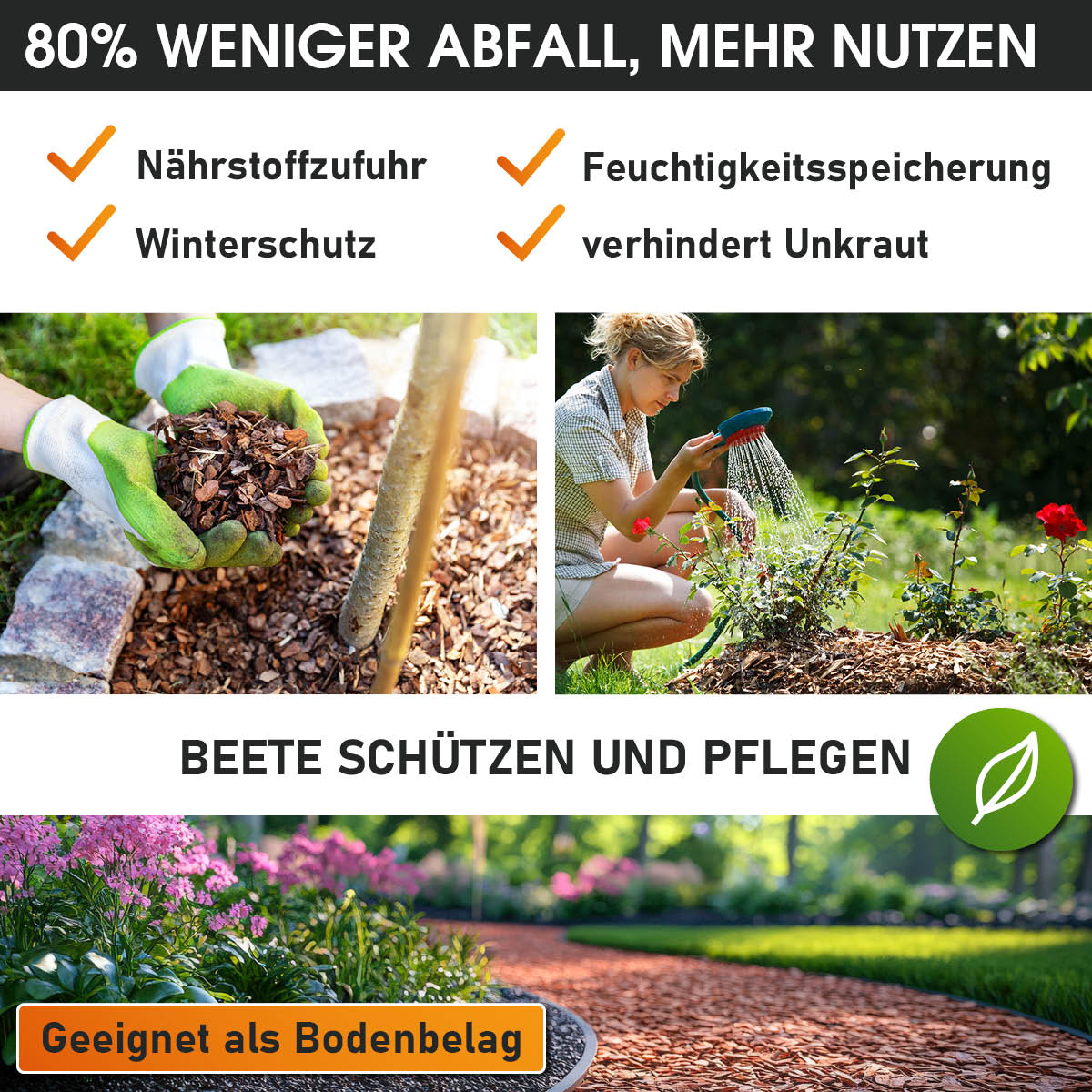 Häcksler reduziert die Abfallmenge um 80%, Häckselgut als Nährstoffzufuhr, Feuchtigkeitsspeicherung, Winterschutz und als Unkrautschutz