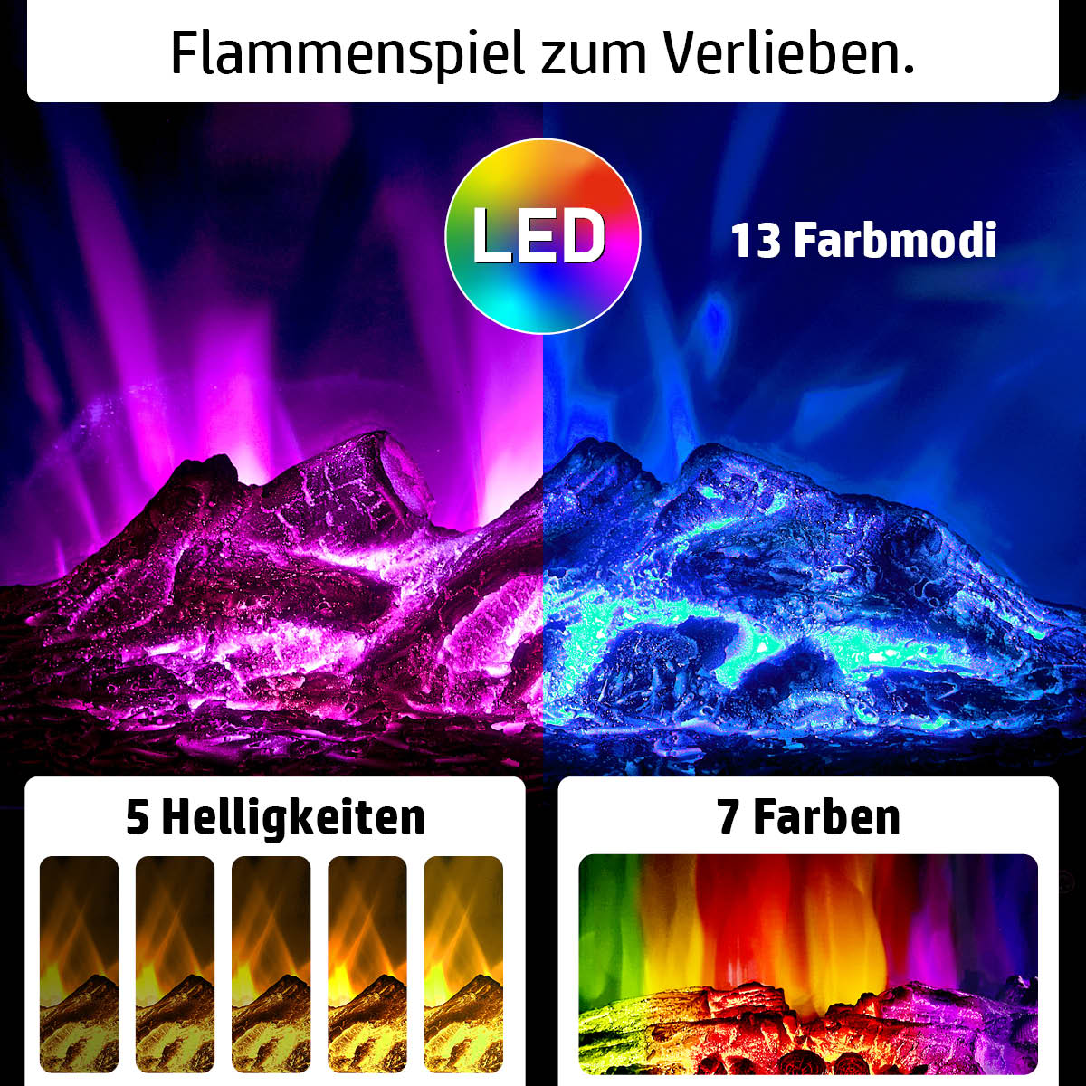 LED-Flammenspiel mit 7 Farben und in 5 Helligkeitsstufen