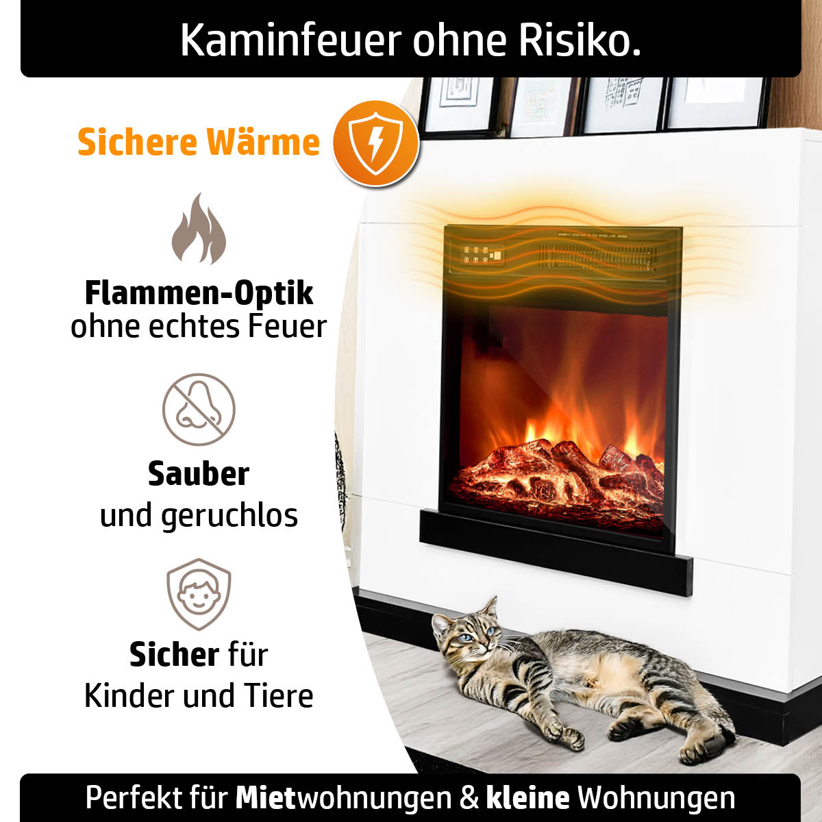 Kaminfeuer ohne Risiko, Flammen-Optik ohne echtes Feuer, sauber und geruchslos, sicher für Kinder und Tiere