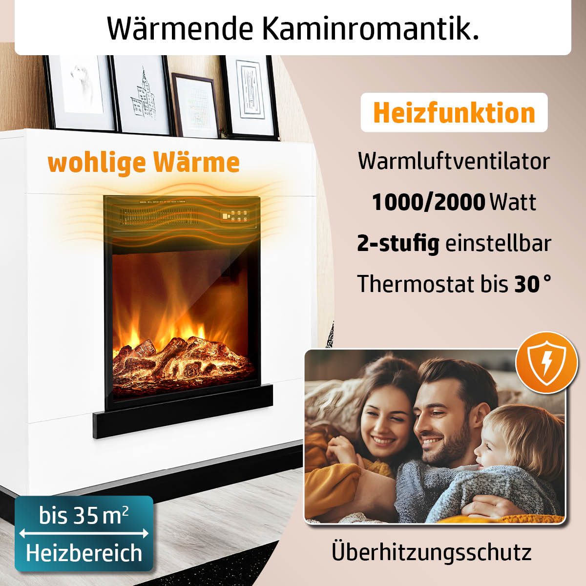 Wärmende Kaminromantik mit wohliger Wärme dank Heizfunktion mit 1000/2000 Watt, 2-stufig einstellbar und Thermostat bis 30°C für einen Heizbereich bis 35m²