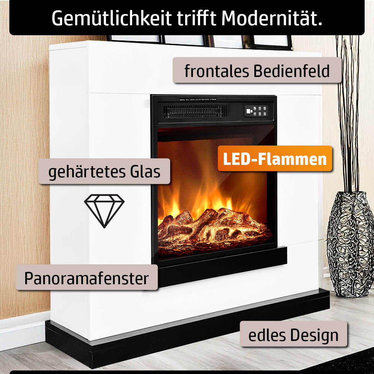 Elektro Kaminofen mit frontalem Bedienfeld, Panoramafenster mit gehärtetem Glas und LED-Flammen in edlem Design