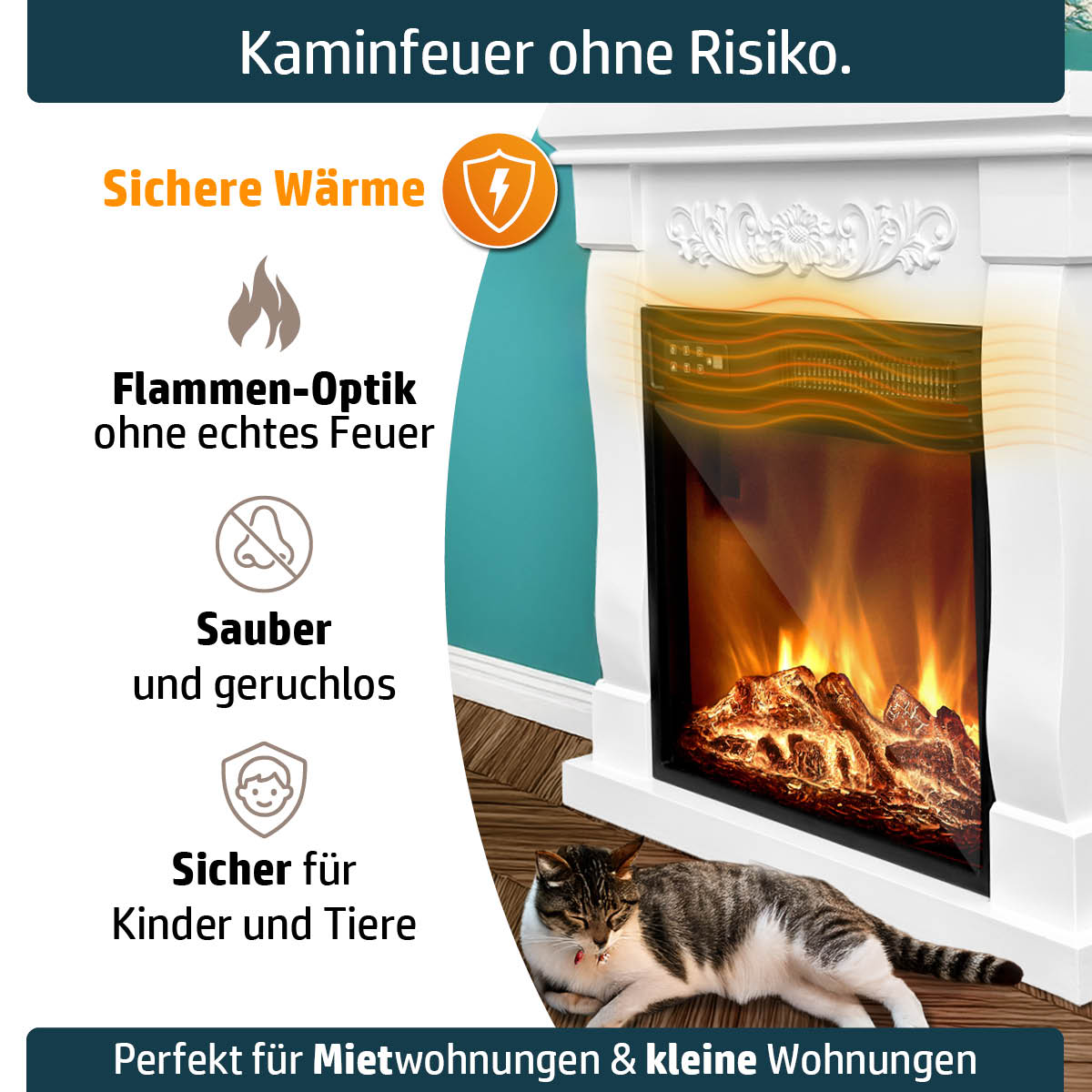 Kaminfeuer ohne Risiko, Flammen-Optik ohne echtes Feuer, sauber und geruchslos, sicher für Kinder und Tiere