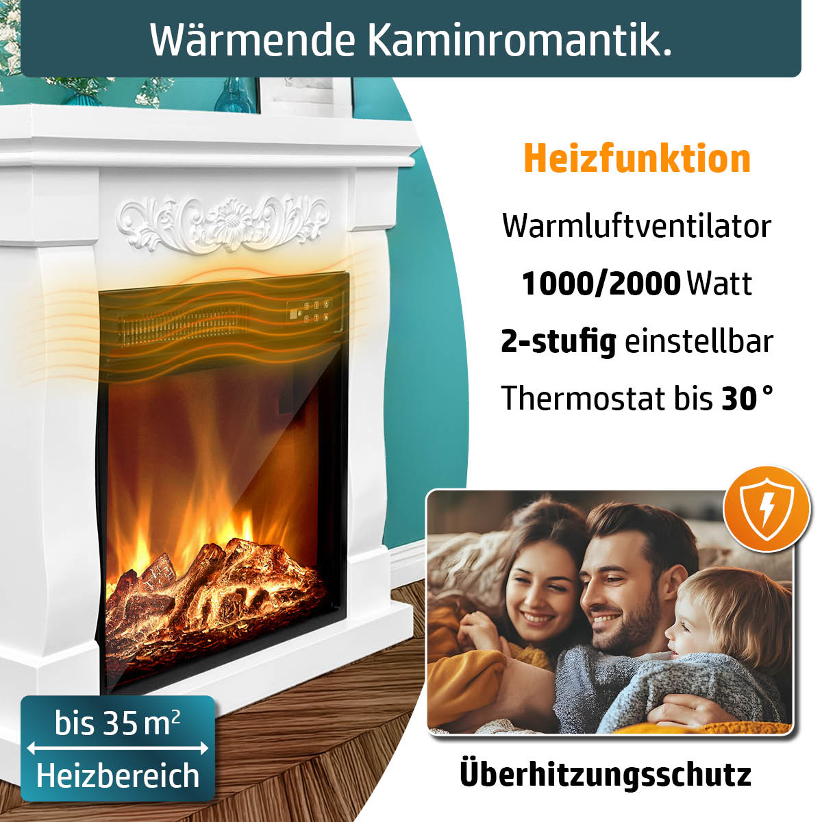 Wärmende Kaminromantik dank Heizfunktion mit 1000/2000 Watt, 2-stufig einstellbar und Thermostat bis 30°C mit einem Heizbereich bis 35m²