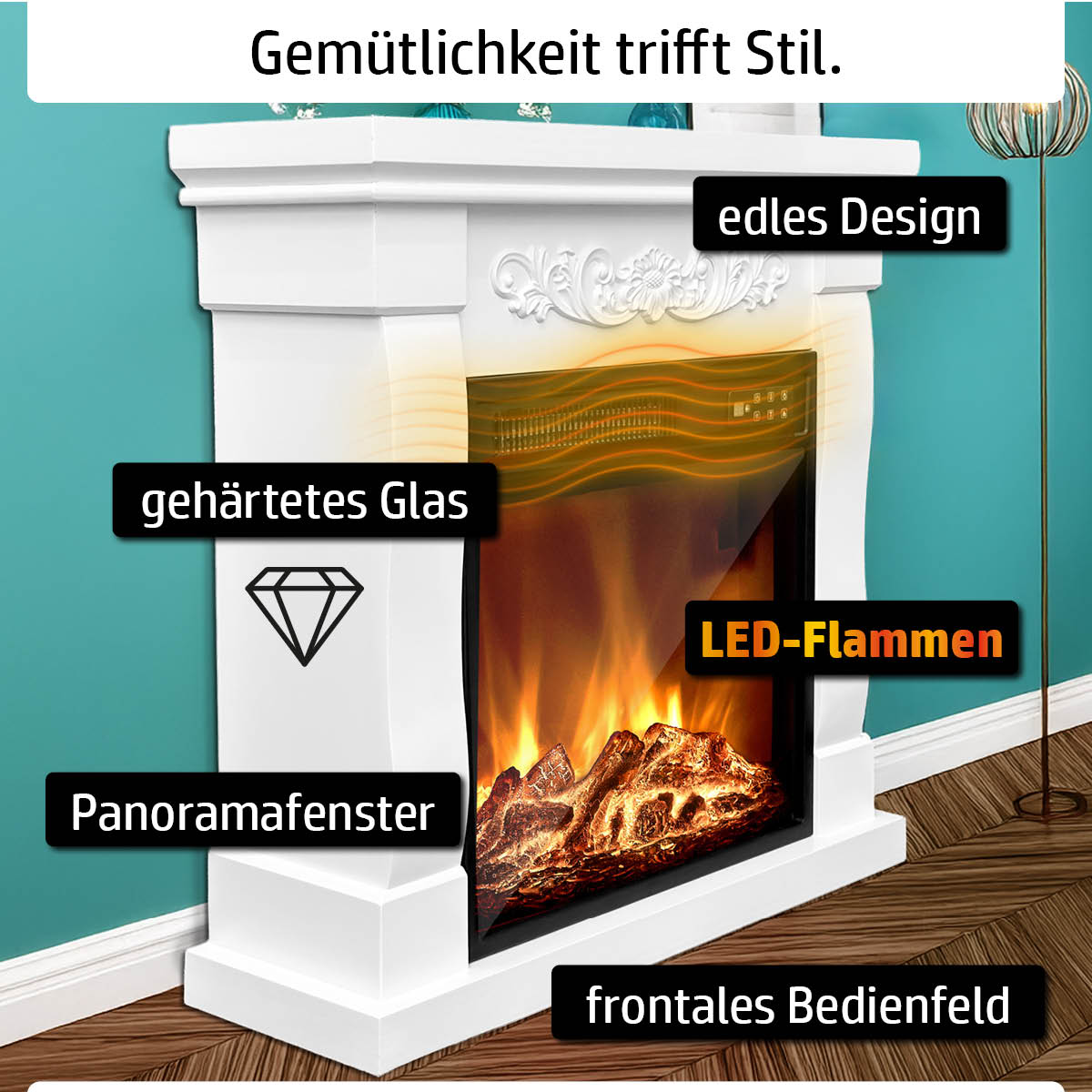 Elektro Kaminofen mit Panoramafenster aus gehärtetem Glas, LED-Flammen und frontales Bedienfeld in edlem Design