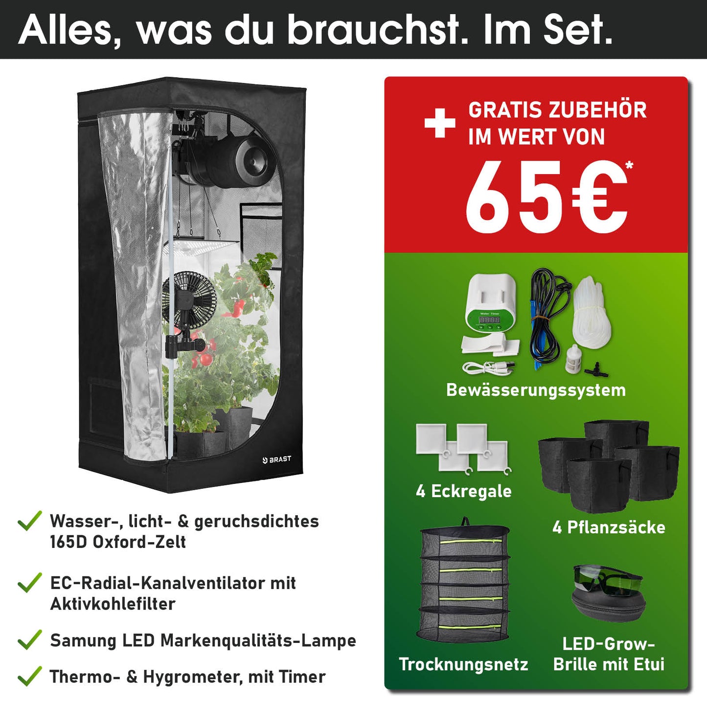 Schwarzes GrowCube L Anzuchtzelt mit Belüftung, LED-Lampe, Bewässerungssystem, Pflanzenkübeln und Trockenmagneten.