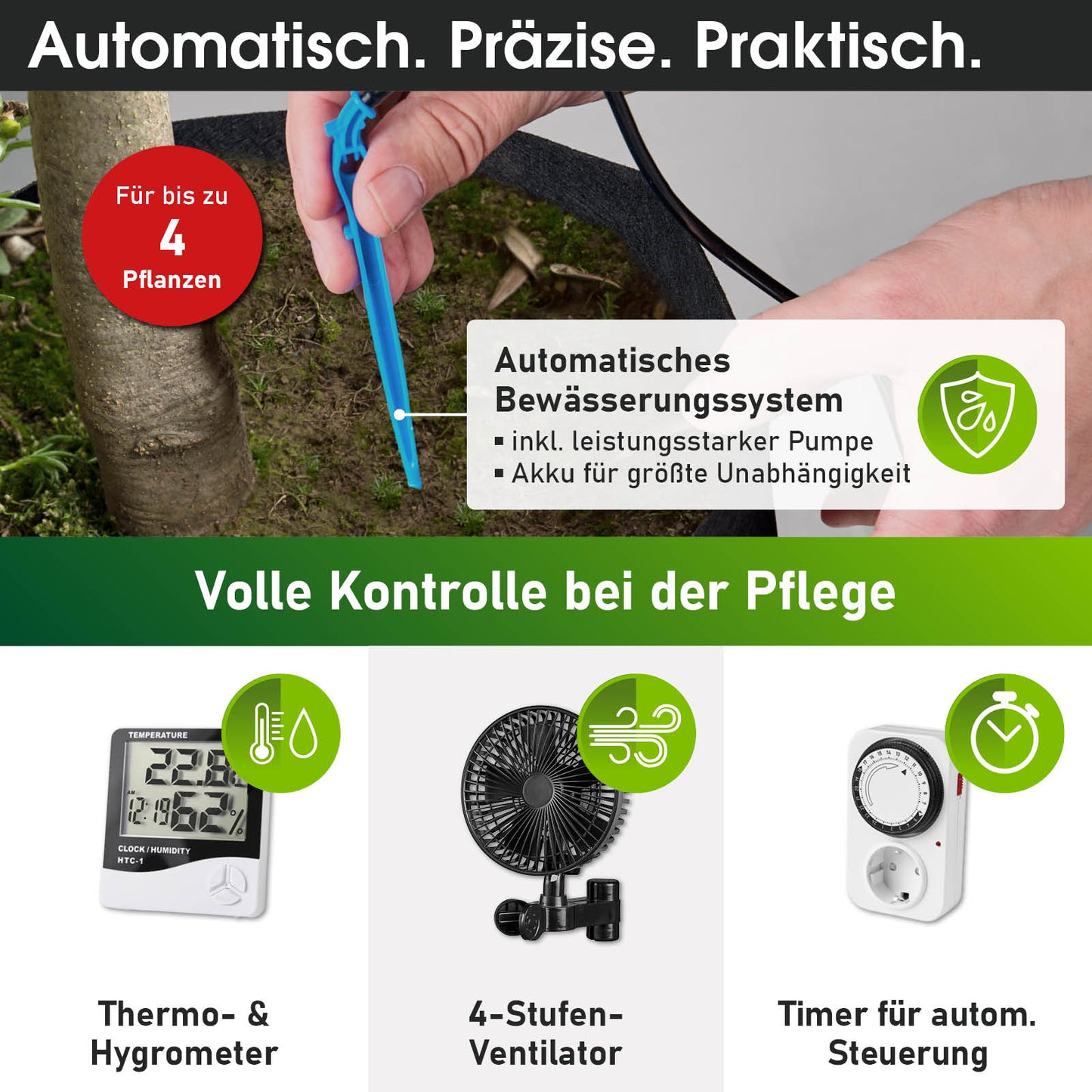 Braunes rechteckiges Bewässerungsgerät mit Automatiksystem, Schlauch und Ventil für vier Pflanzen.