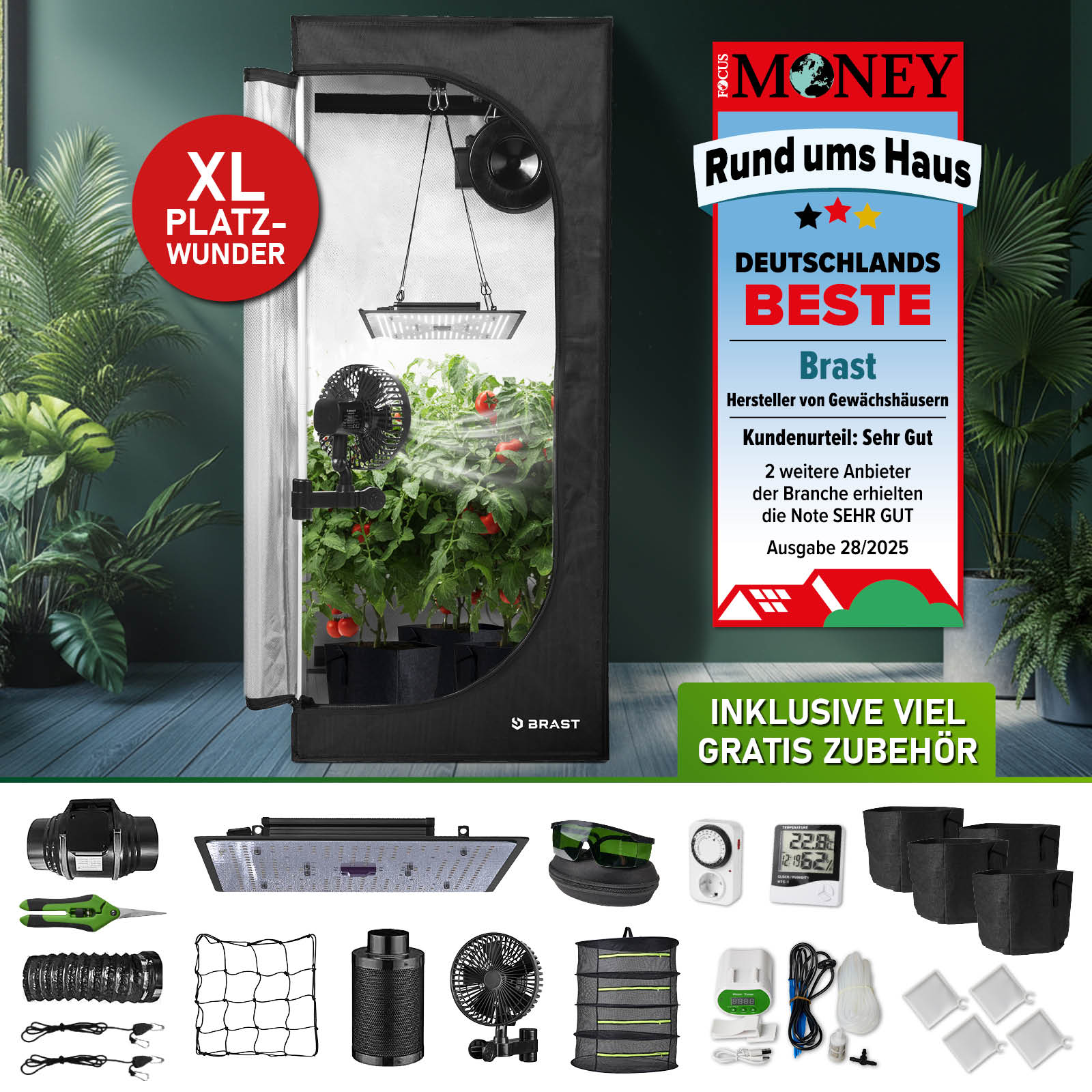 Schwarzes quadratisches GrowCube XL mit Pflanzen, LED-Lampe, Ventilator und Zubehör im Set.