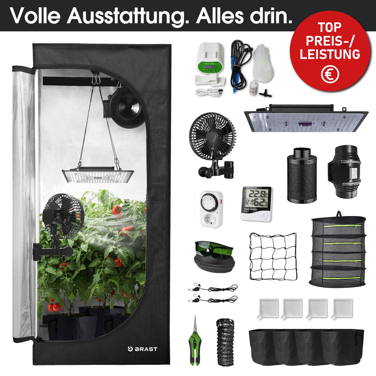 BRAST GrowCube XL Anzuchtzelt mit LED-Pflanzenlampe, Umluftventilator, Aktivkohlefilter, Zeitschaltuhr, Thermo-Hygrometer,.