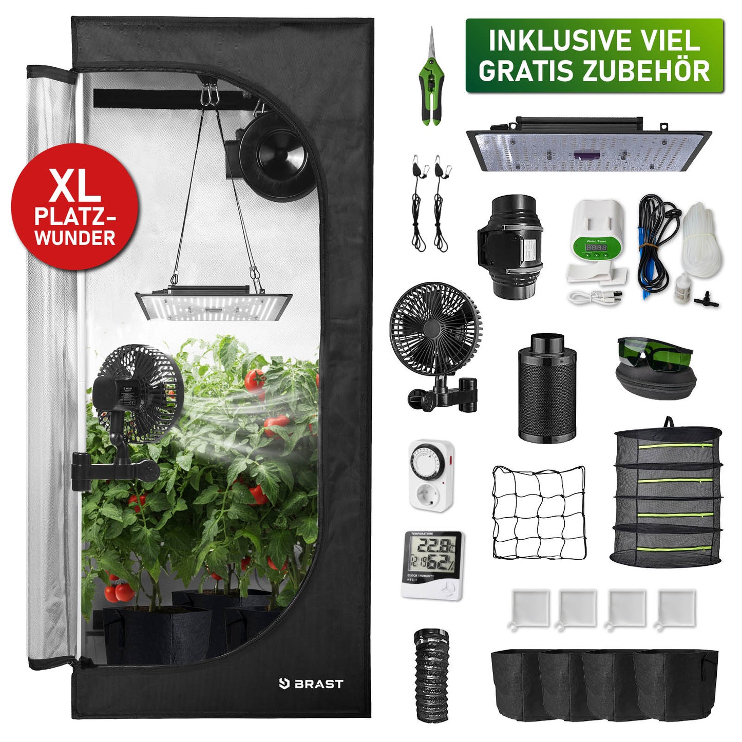 Schwarzer GrowCube XL Pflanzzelt mit LED-Beleuchtung, Ventilator, Lüftung, Netz und vier Stofftöpfen.
