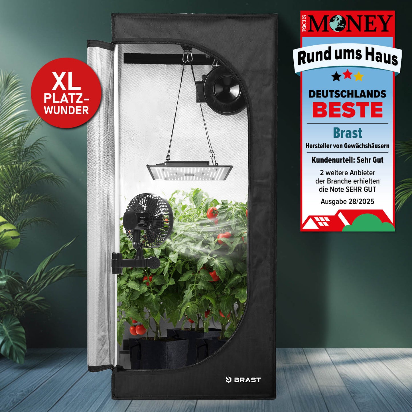 Schwarzer BRAST GrowCube XL Pflanzenzelt mit Pflanzen und LED-Wachstumslicht, rechteckig, mit Reißverschluss.