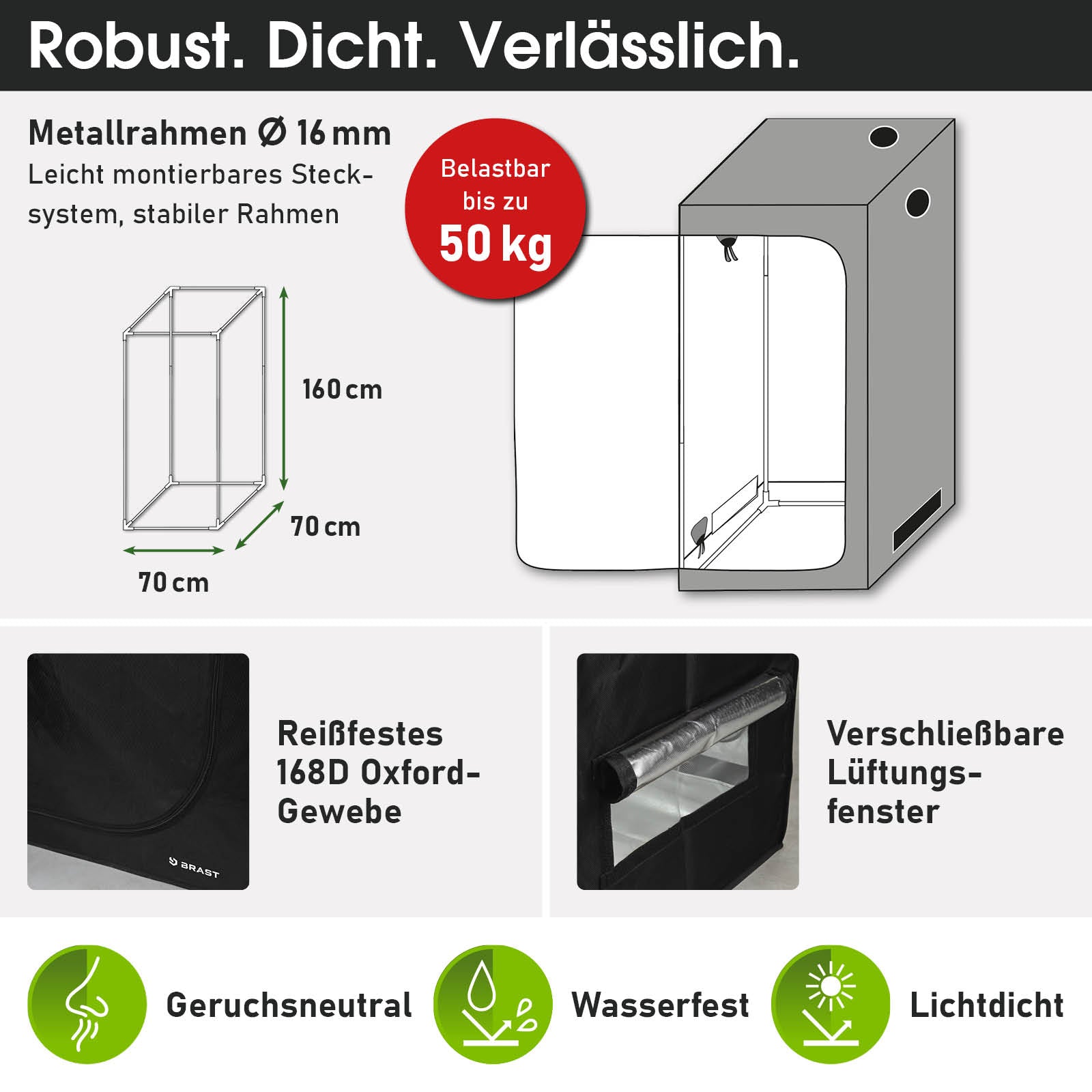Grau-schwarzer GrowCube XL Pflanzschrank mit Metallrahmen und reißfestem Oxford-Gewebe, 70x70x160 cm, beladbar bis 50 kg,.