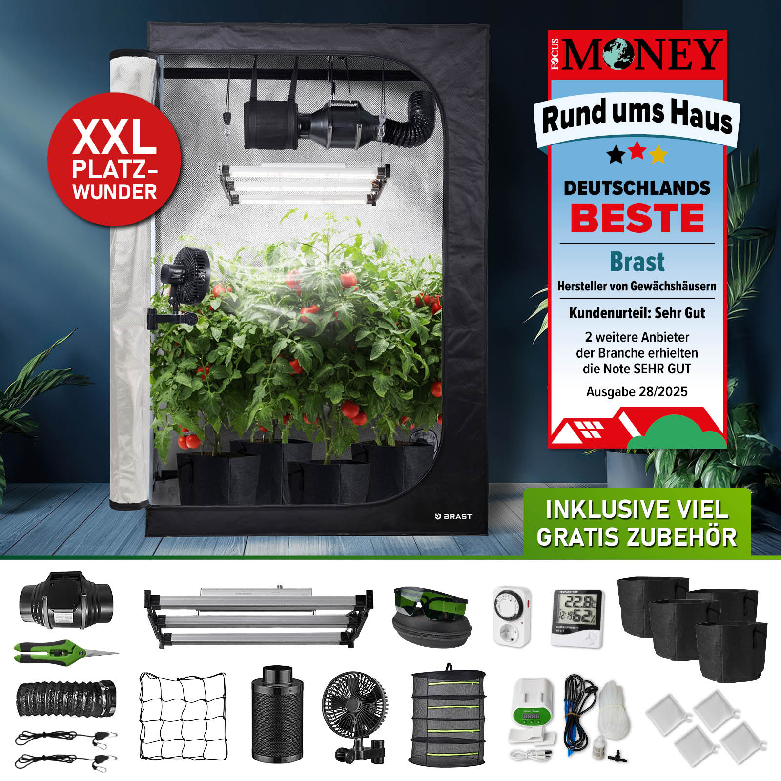 Schwarzer GrowCube XXL Komplettset mit Pflanzenlampen, Lüfter, Ventilator und Zubehör für Indoor-Anbau.