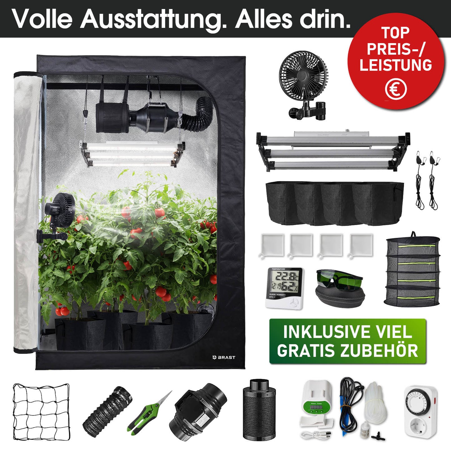 Großer schwarzer GrowCube XXL Indoor-Grow-Zelt mit Beleuchtung, Ventilator und Zubehör inklusive Pflanzen und Ernteboxen.