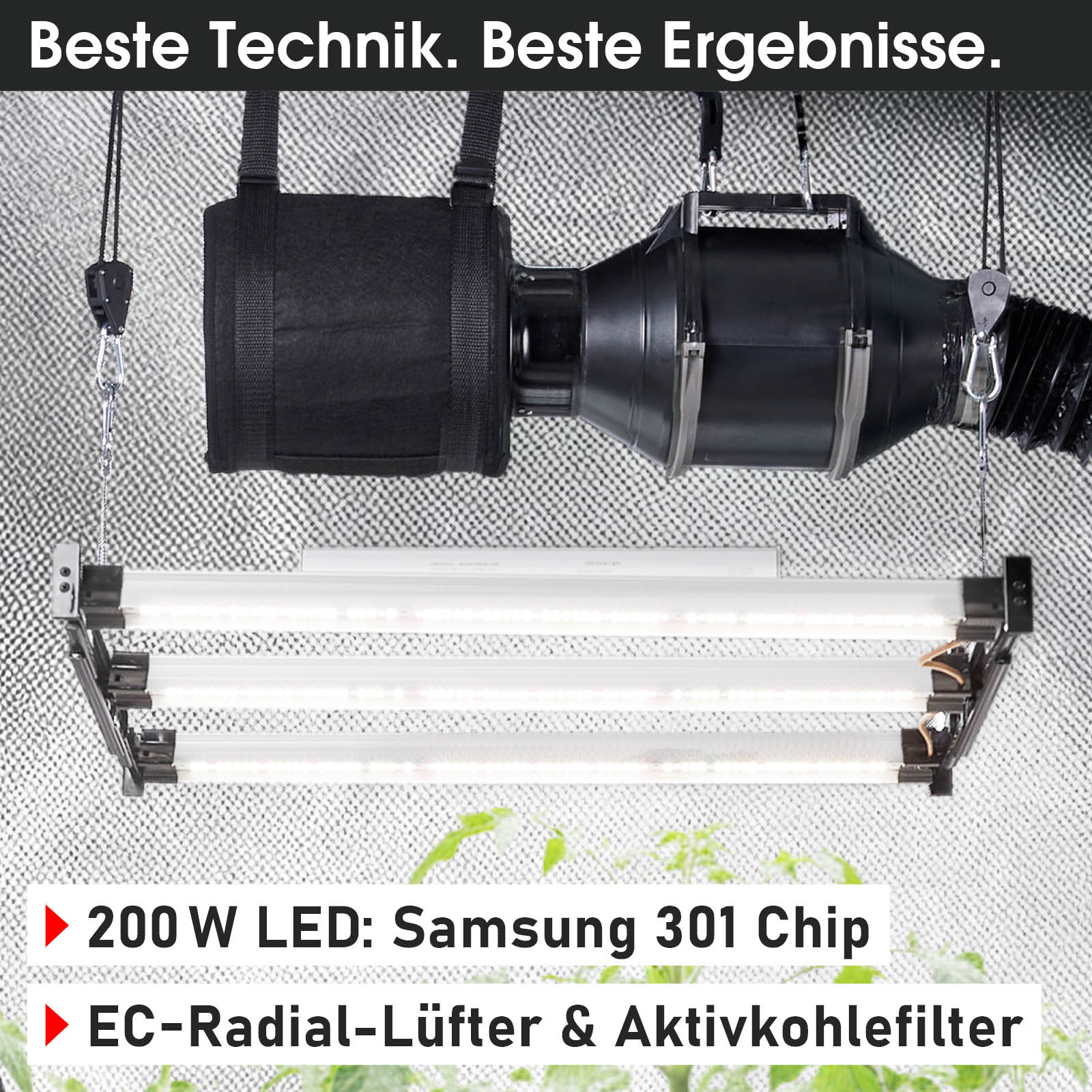 LED-Wachstumslicht mit zwei langen Röhren, schwarzer EC-Radial-Lüfter und Aktivkohlefilter, modern und kompakt.