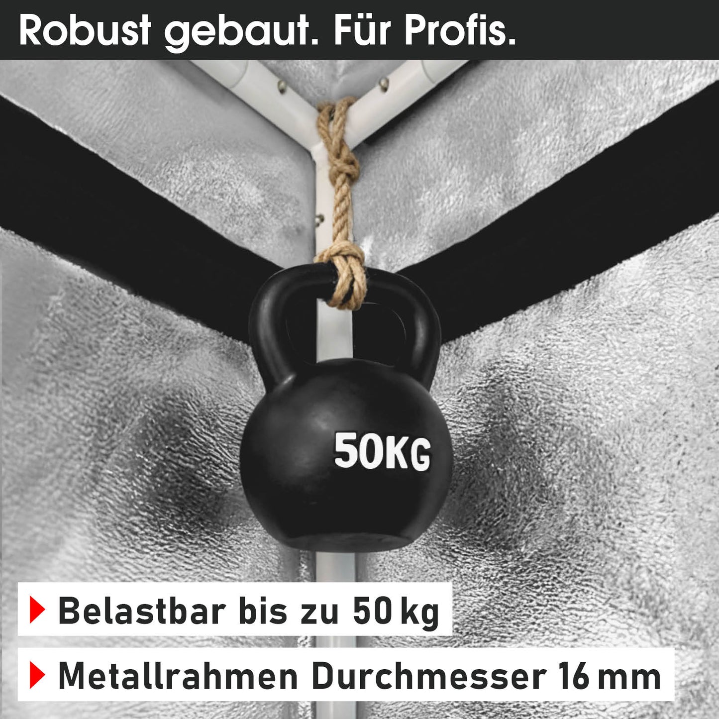 Schwarze 50-kg-Kettlebell hängt an stabilem Metallrahmen mit 16 mm Durchmesser, robuster Aufbau.
