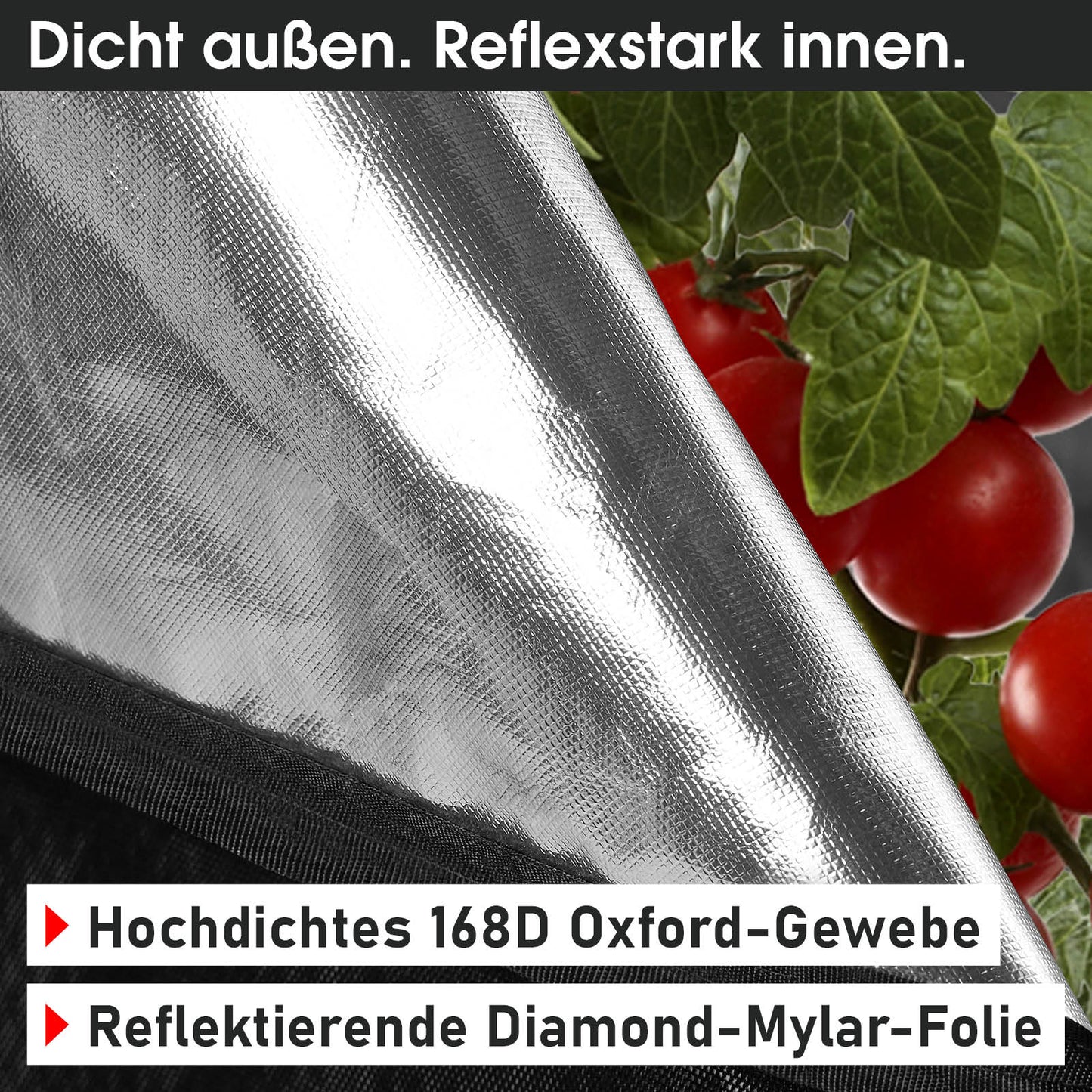 Silberne reflektierende Diamond-Mylar-Folie mit hoher Dichte neben roten Tomaten und grünen Blättern.